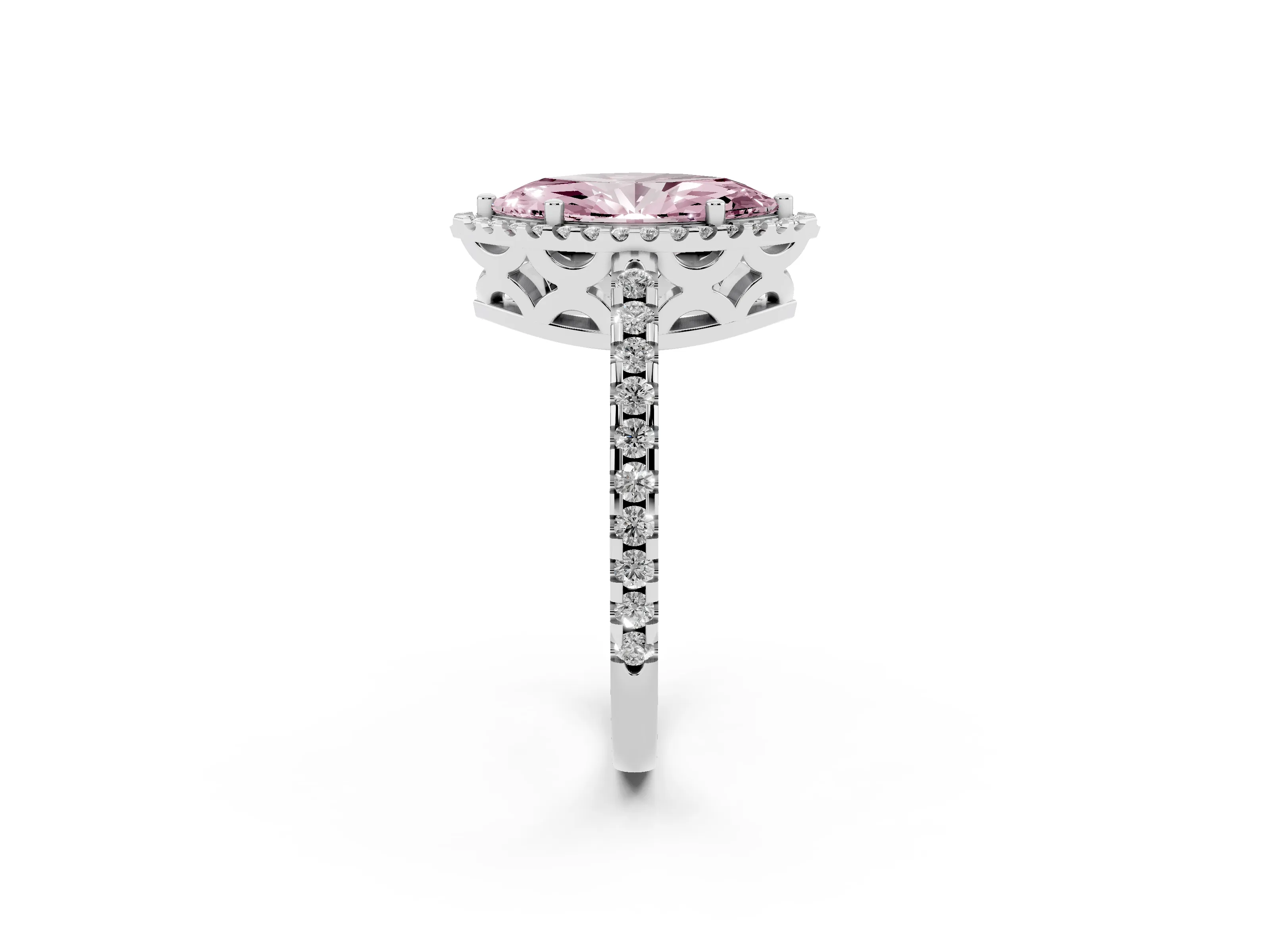 Fancy Pink Marquise Cut Diamond Halo Ring Set in White gold with Pavé Shoulders and Halo-Framed Center