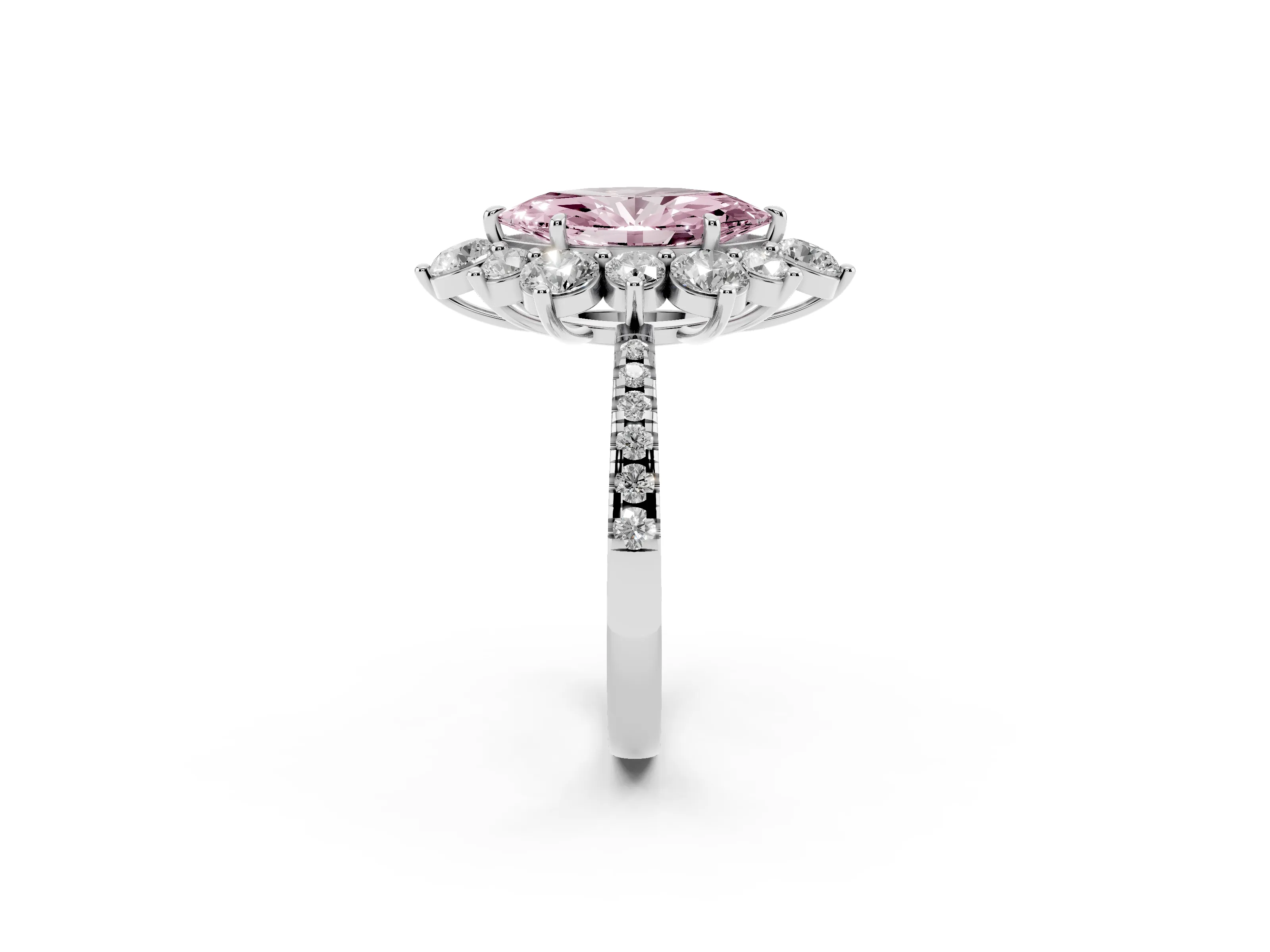 Fancy Pink Marquise Cut Diamond Floral Halo Ring Set in White gold with Round Pavé Band and Prong Setting