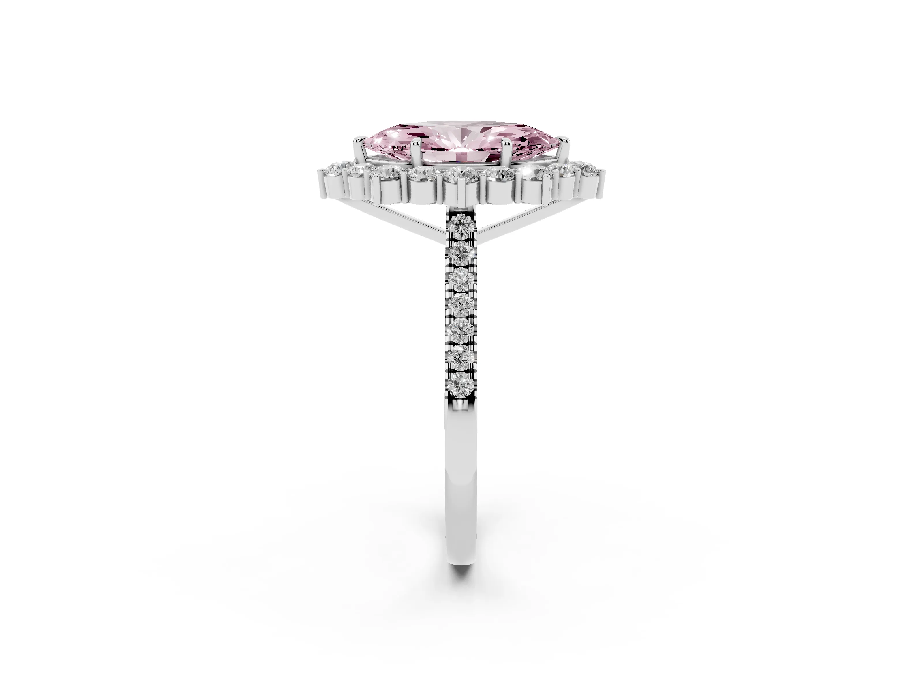 Fancy Pink Marquise Cut Diamond Halo Ring Set in White gold with Pavé Band and Prong Setting
