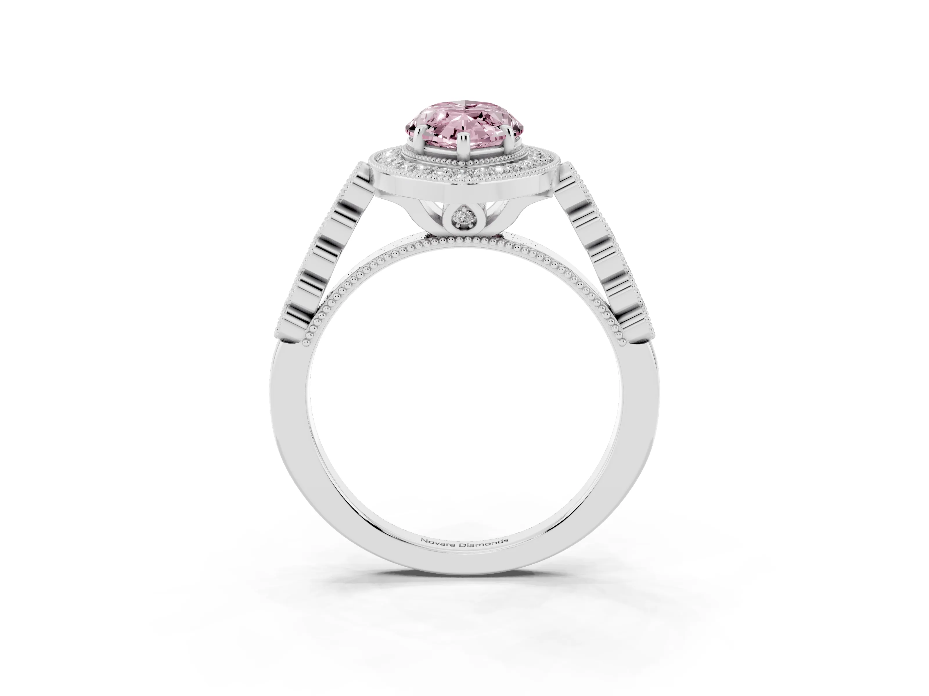 Fancy Pink Marquise Cut Diamond Milgrain Halo Solitaire Ring Set in White gold with Bezel Set Side Stones and Pavé Band