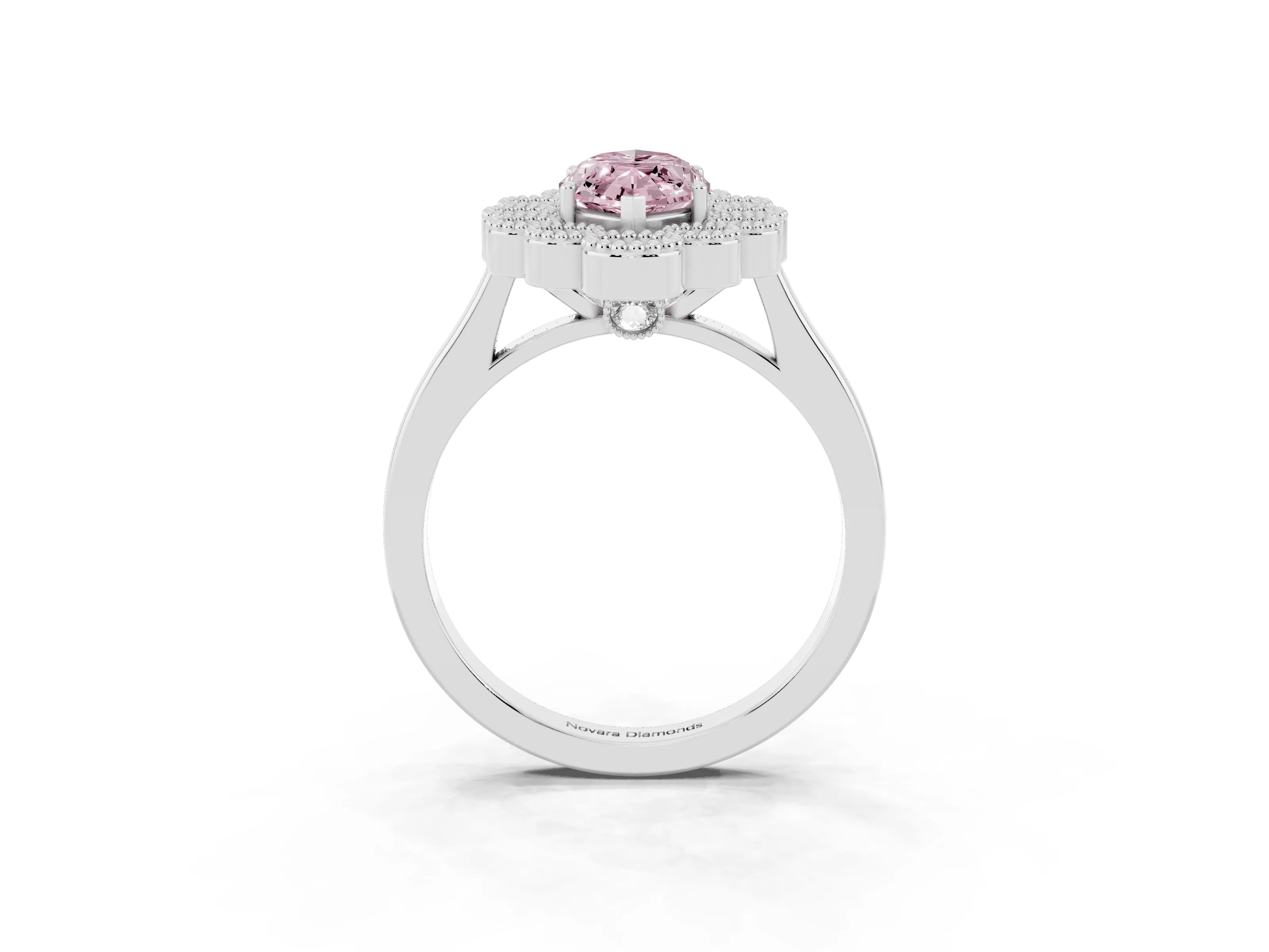 Fancy Pink Marquise Cut Diamond Cluster Halo Ring Set in Platinum with Milgrain Bezel Accents and Plain Band