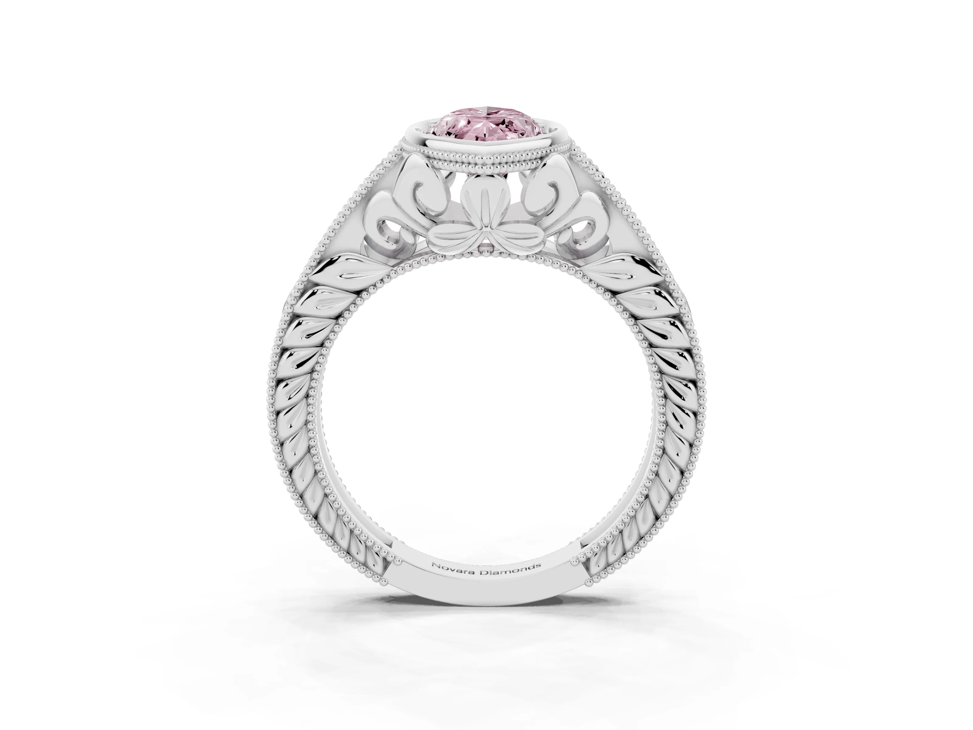 Fancy Pink Bezel Set Marquise Cut Diamond Milgrain Pavé Engagement Ring Set in White gold