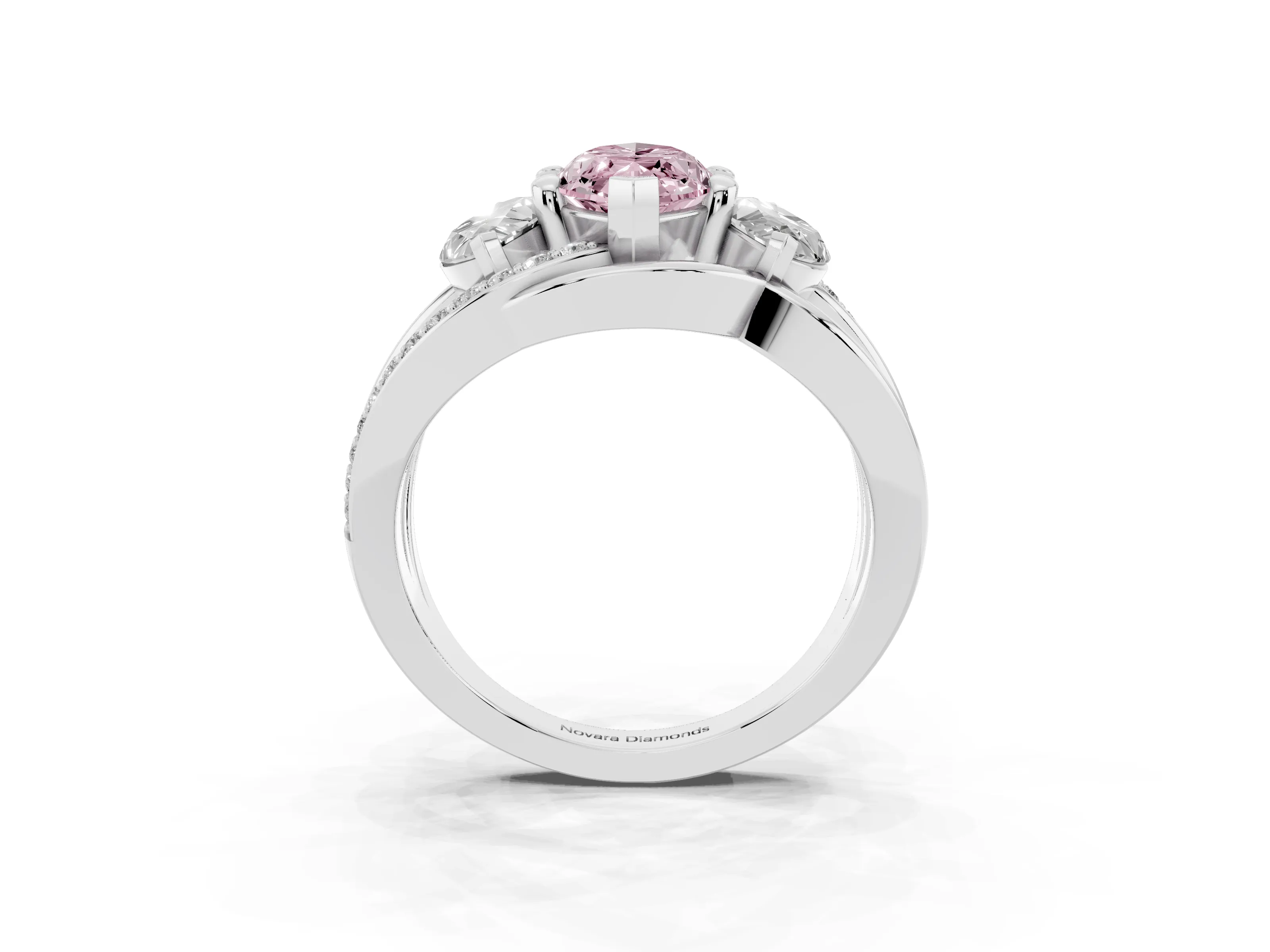 Fancy Pink Marquise Cut Diamond Three-Stone Ring Set in Platinum with Split Shank and Prong Setting