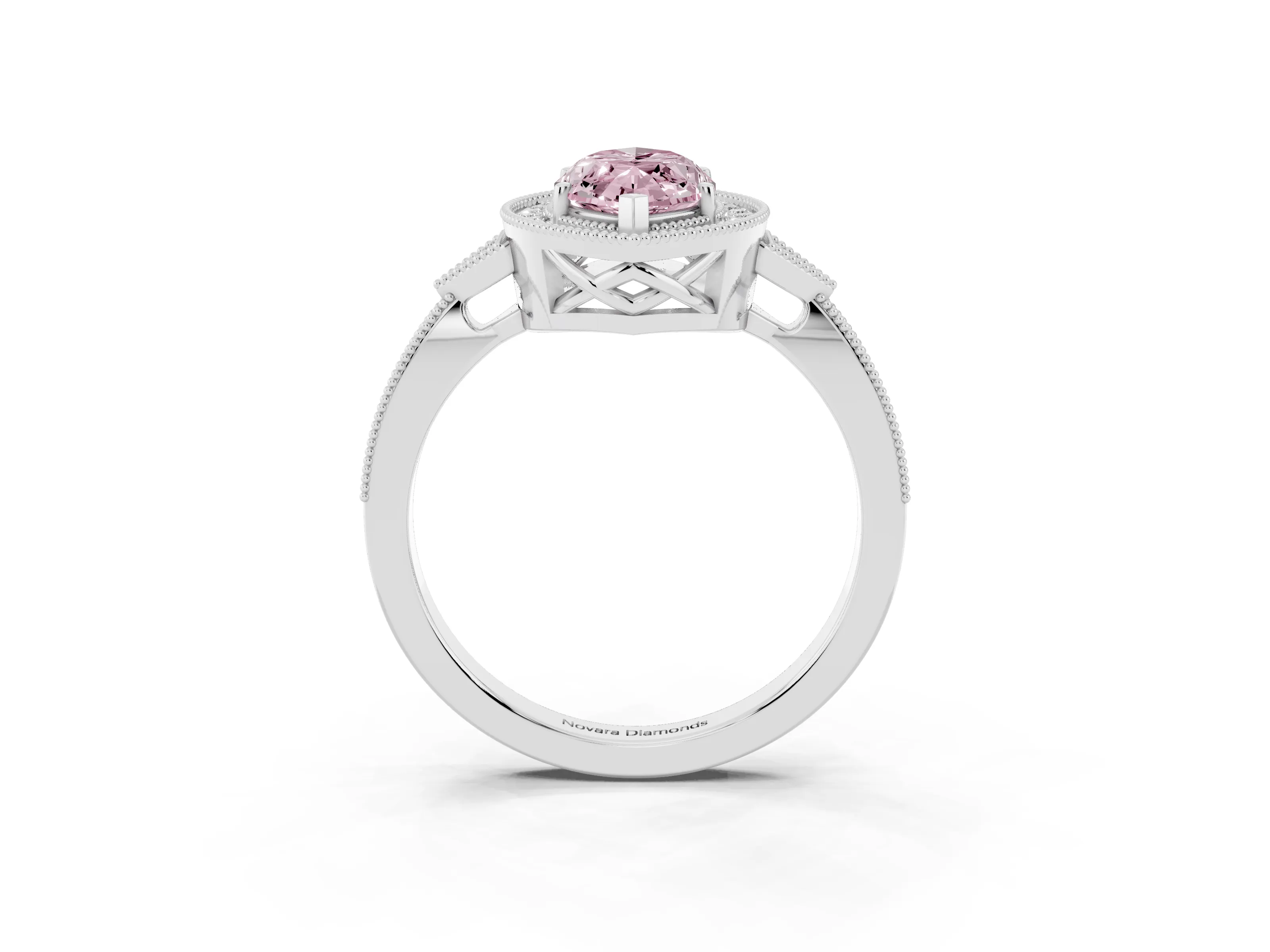 Fancy Pink Marquise Cut Diamond Halo Engagement Ring Set in White gold with Milgrain Pavé Band