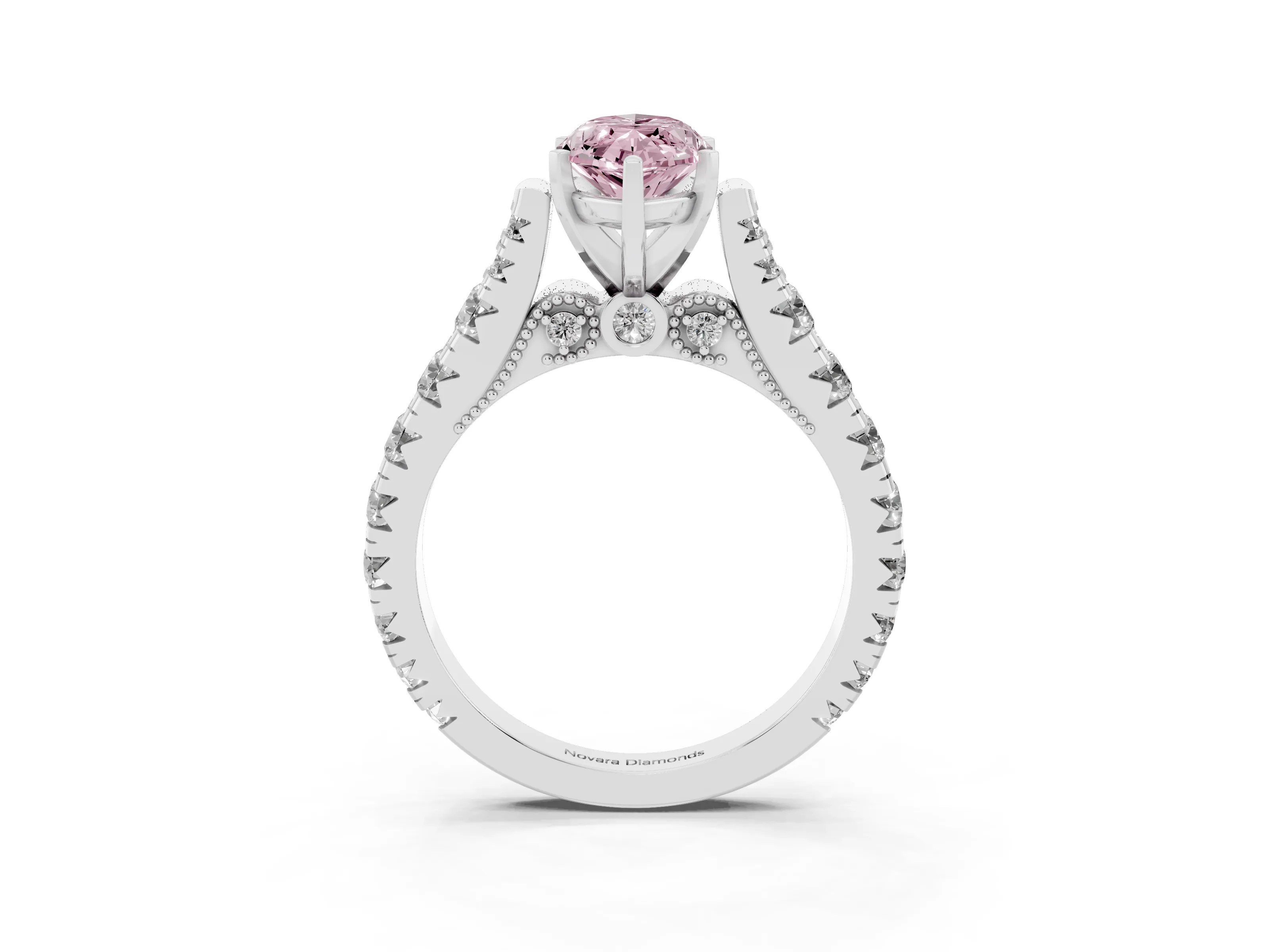 Fancy Pink Marquise Cut Diamond Classic Solitaire Ring Set in Silver with Pavé Band and Prong Setting