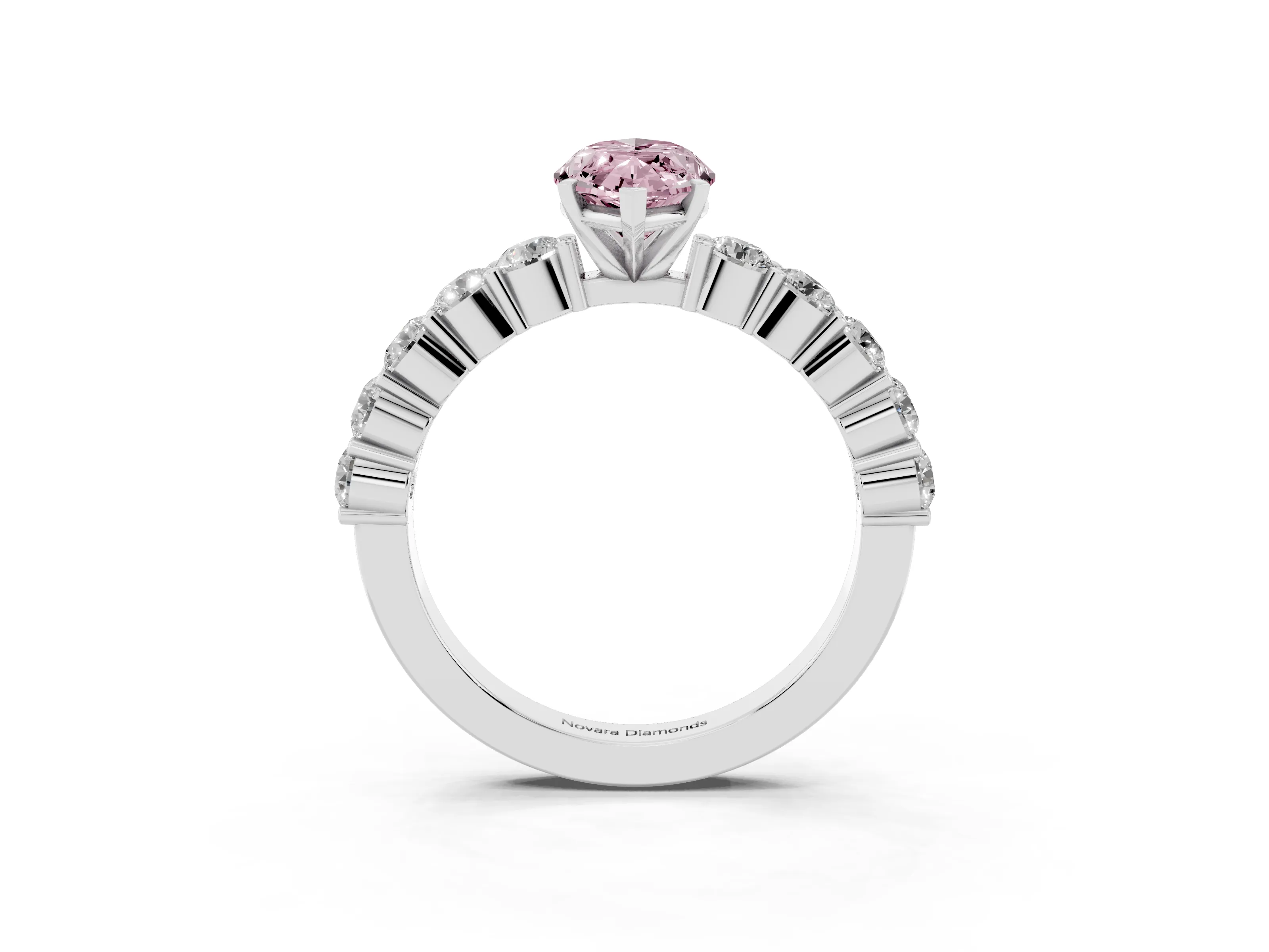 Fancy Pink Marquise Cut Diamond Solitaire Ring Set in Silver with Shared Prong Round Side Stones