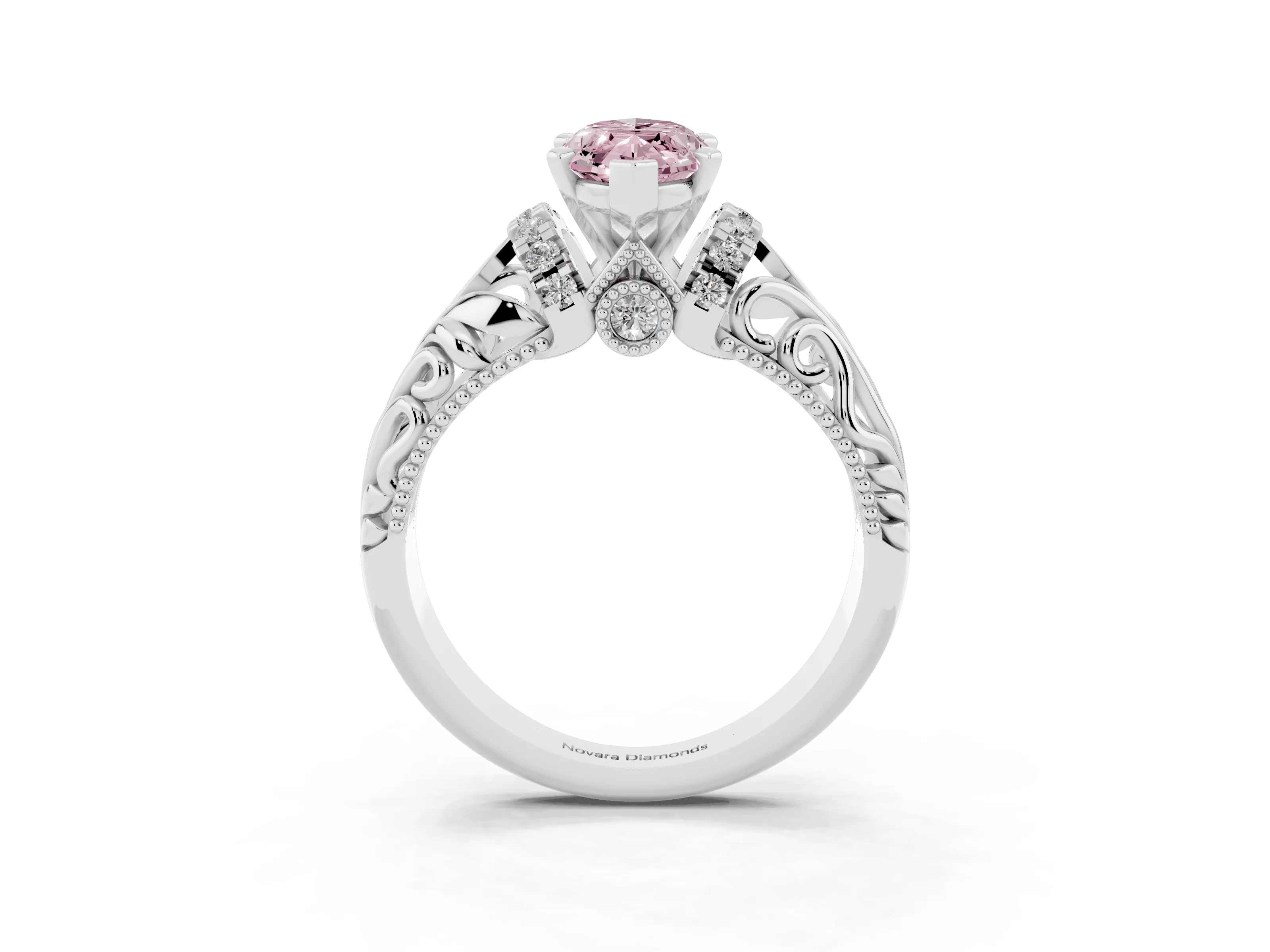 Fancy Pink Marquise Cut Diamond Filigree Halo Engagement Ring Set in White gold with Prong Setting