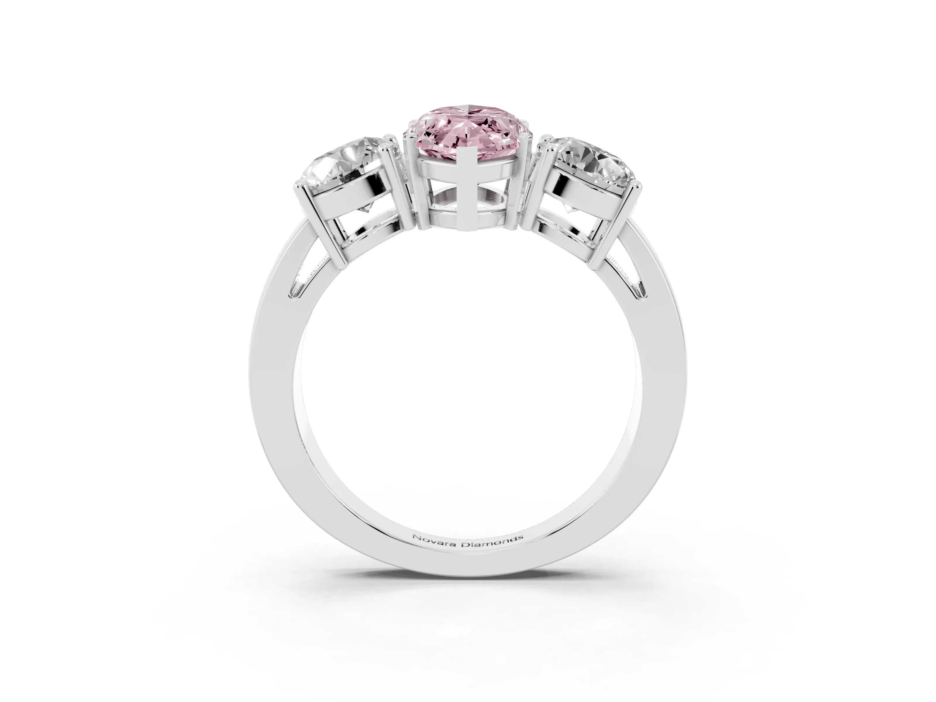 Fancy Pink Marquise Cut Diamond Three-Stone Ring Set in White gold with Round Side Stones and Classic Band