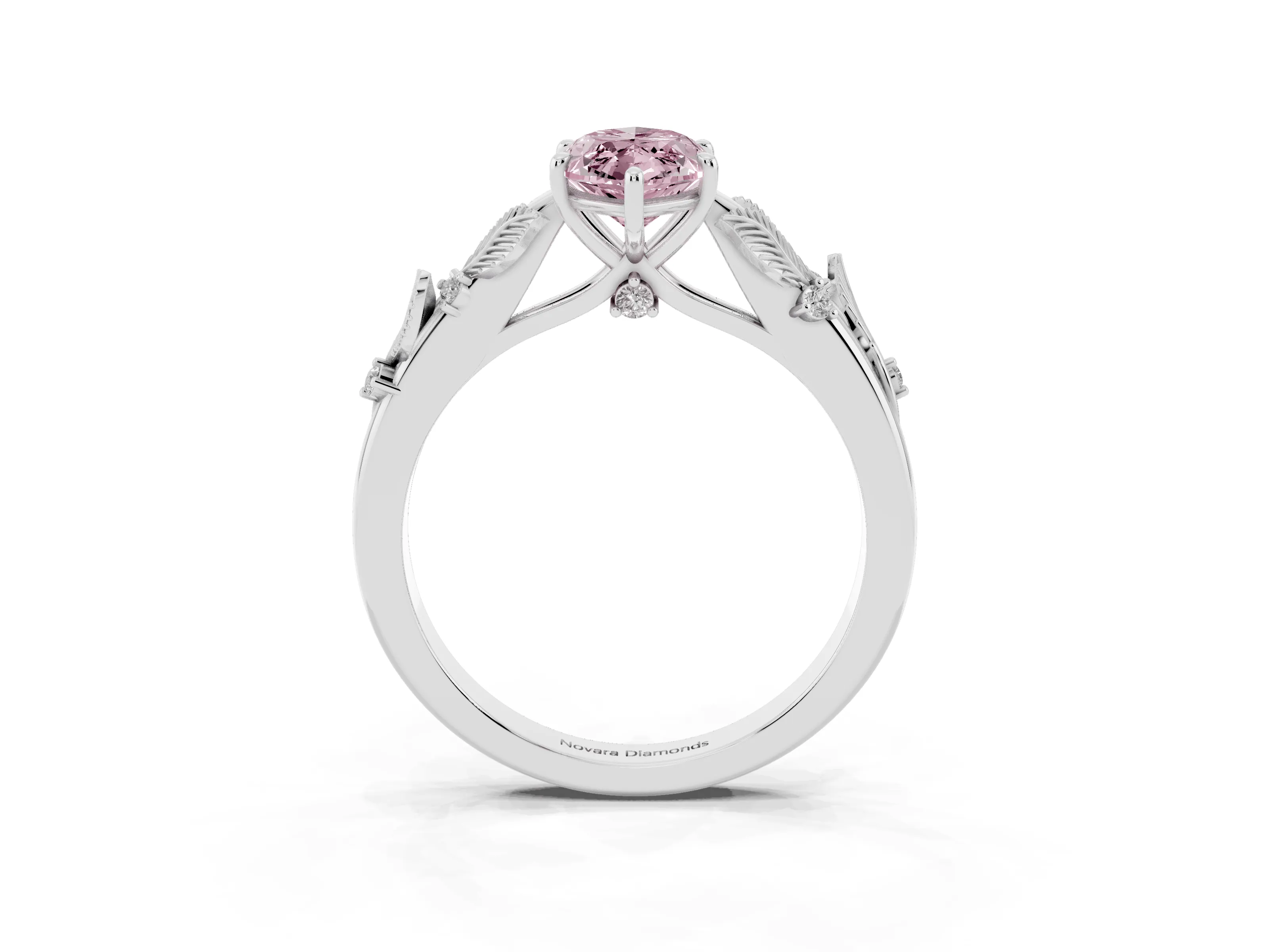 Fancy Pink Marquise Cut Diamond Solitaire Ring Set in Silver with Leaf Motif Band