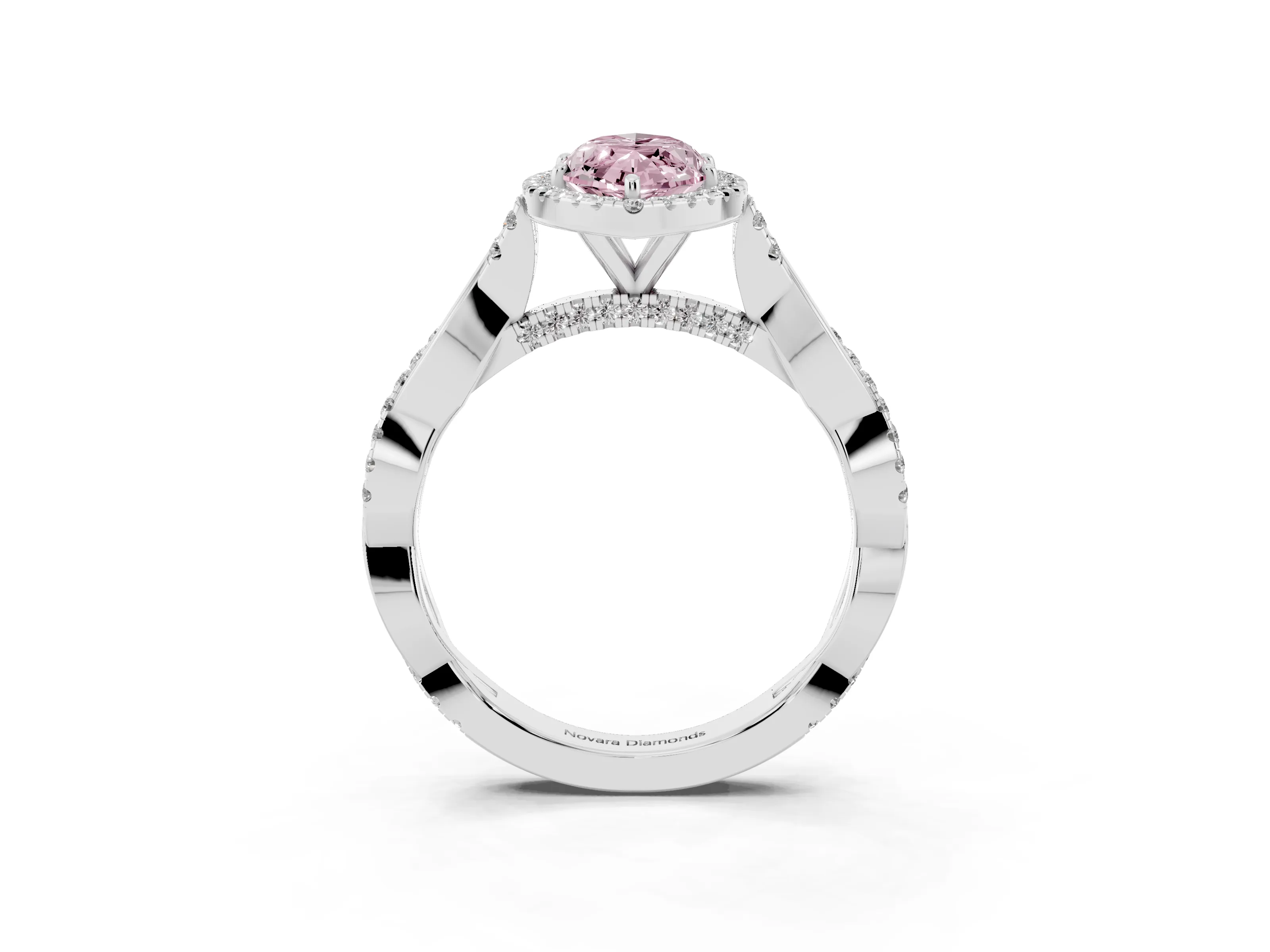 Fancy Pink Marquise Cut Diamond Halo Twist Band Solitaire Ring Set in White gold with Prong Setting