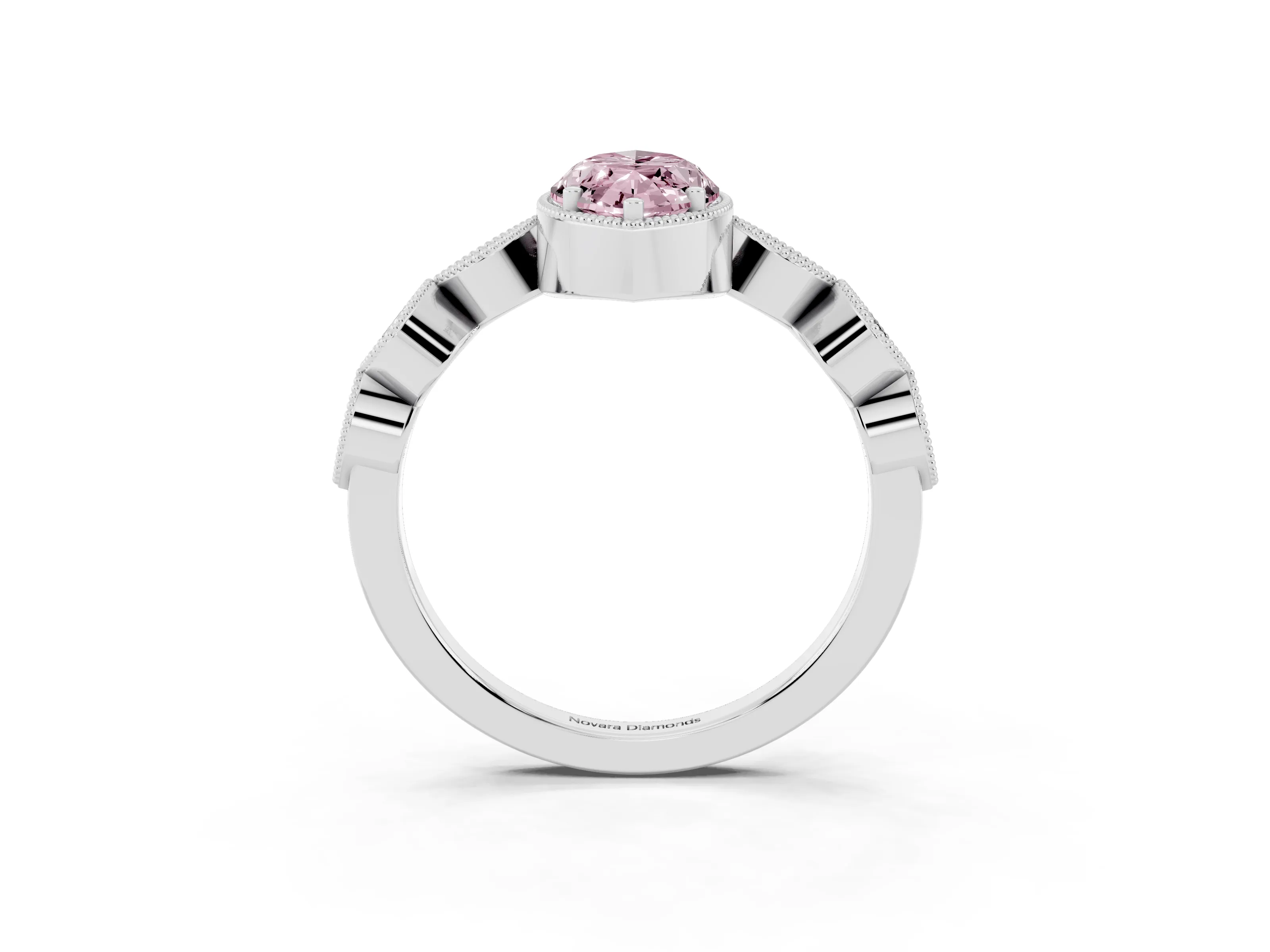 Fancy Pink Marquise Cut Diamond Vintage-Inspired Milgrain Ring Set in White gold with Marquise Stations of Round Accents