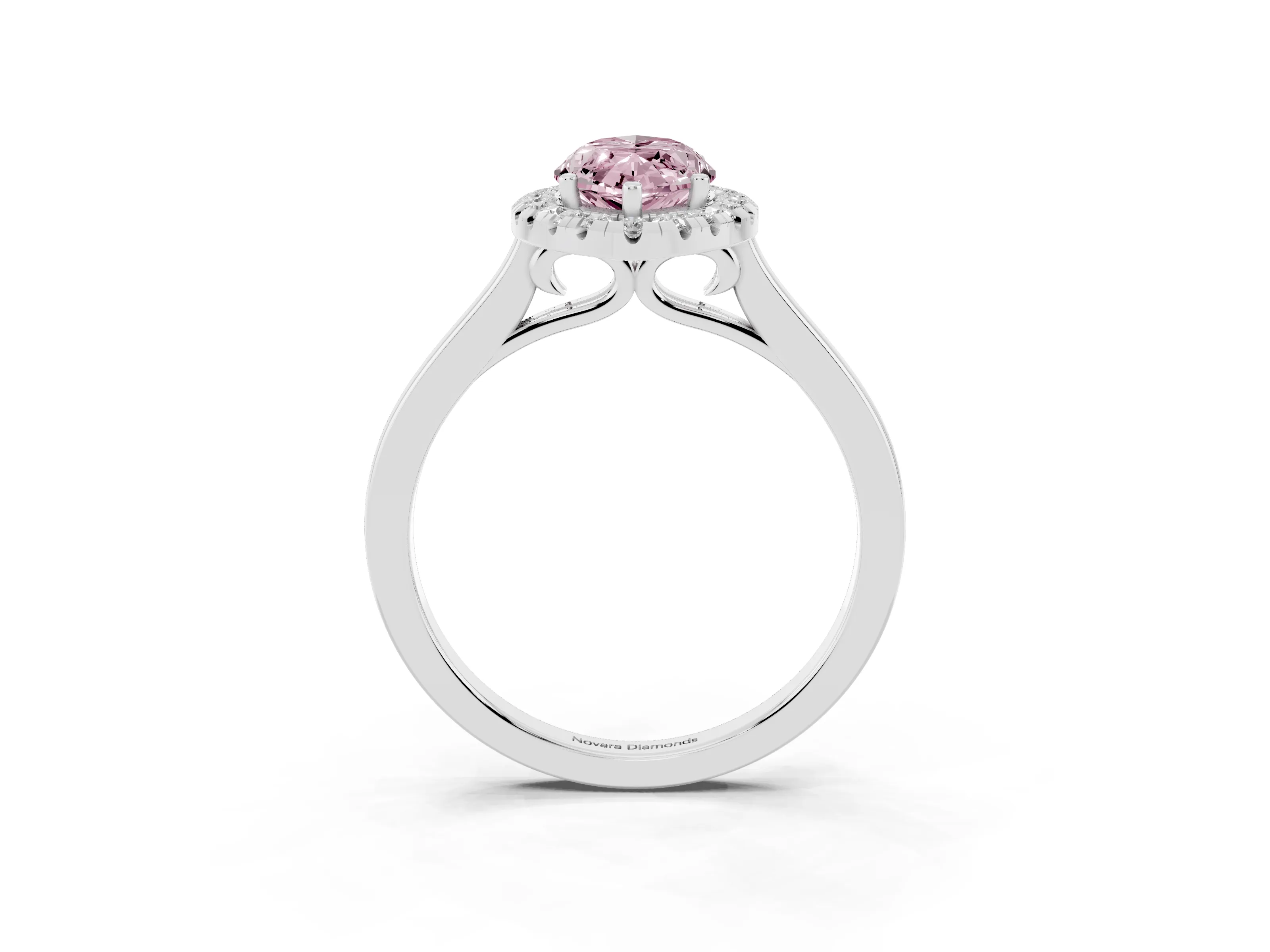 Fancy Pink Marquise Cut Halo Round Diamond Solitaire Ring Set in Platinum with Pavé Band and Prong Setting