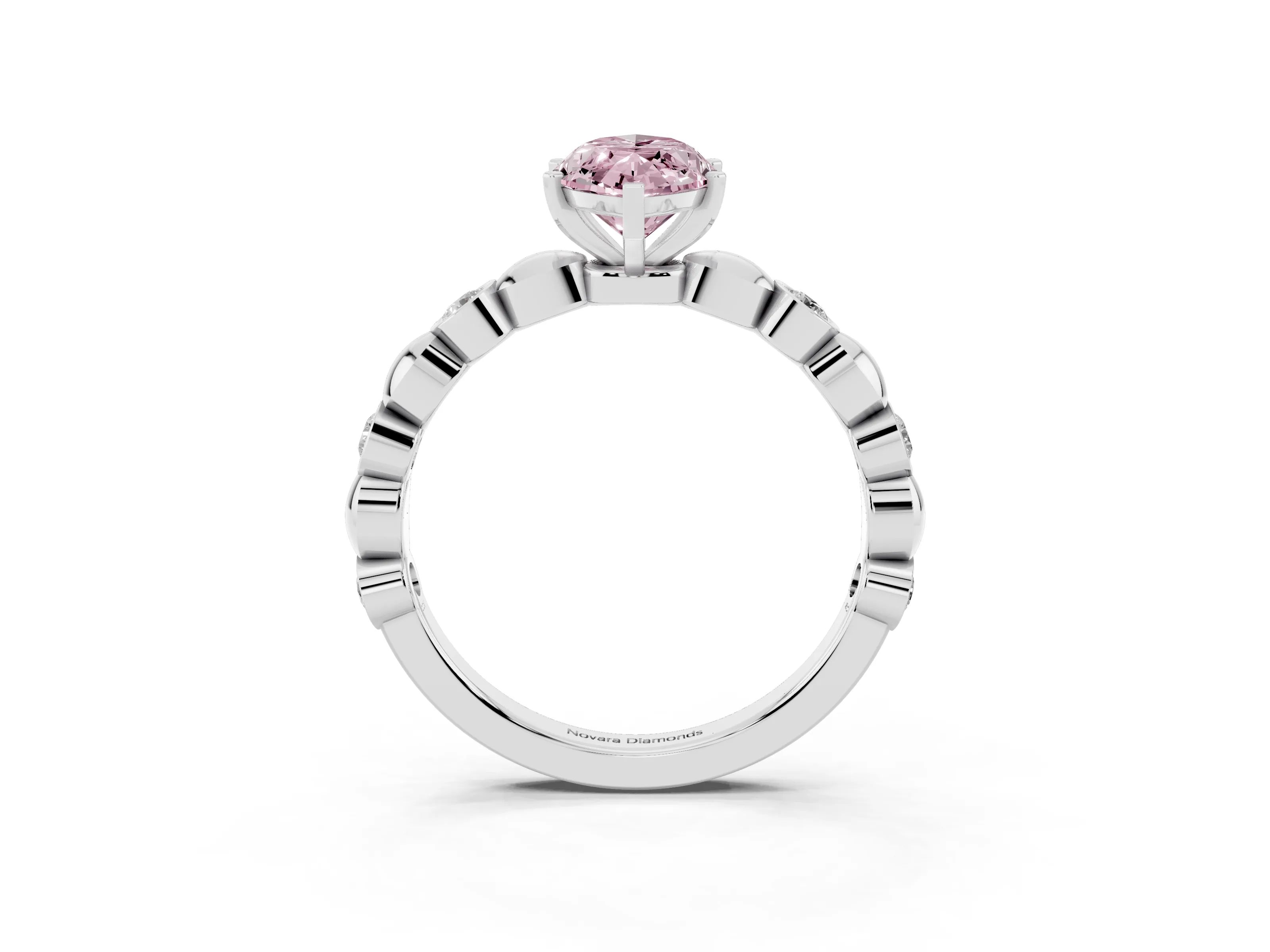 Fancy Pink Marquise Cut Diamond Solitaire Ring Set in Silver with Bezel-Set Accents on Beaded Band and Prong Setting