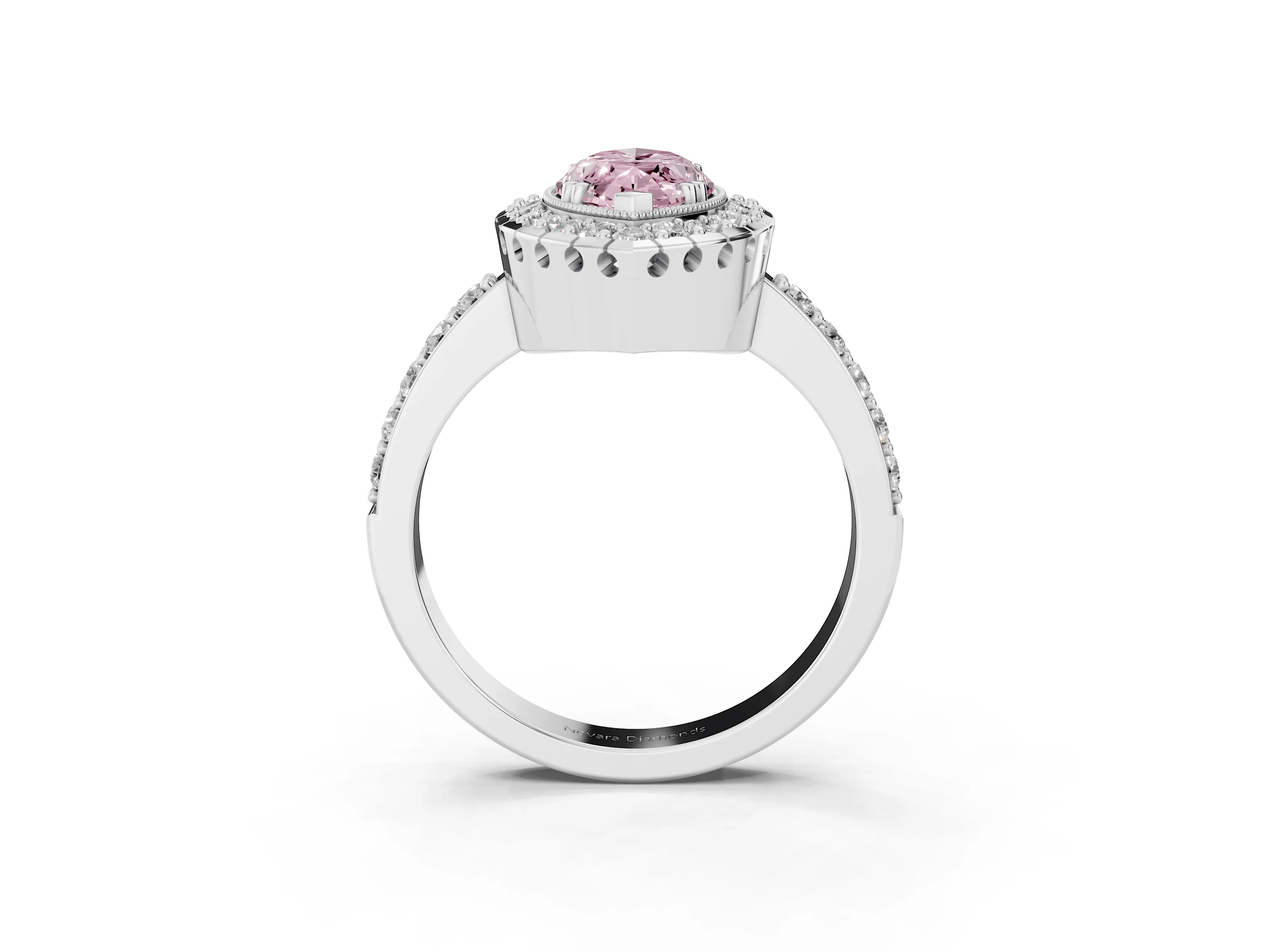 Fancy Pink Marquise Cut Diamond Halo Ring Set in White gold with Pavé Shank and Prong Setting