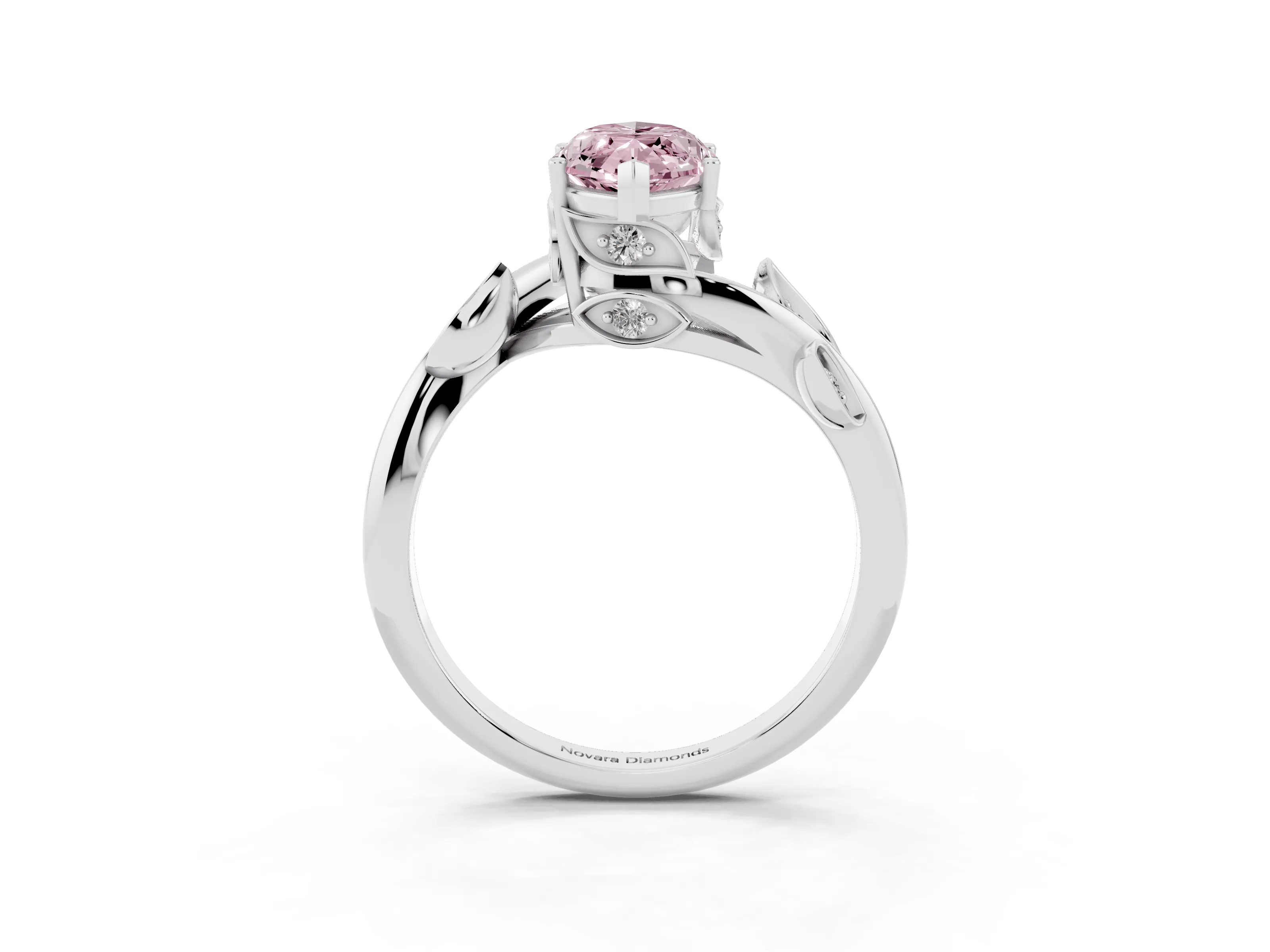 Fancy Pink Marquise Cut Diamond Solitaire Twist Engagement Ring Set in White gold with Pavé Leaf Accents