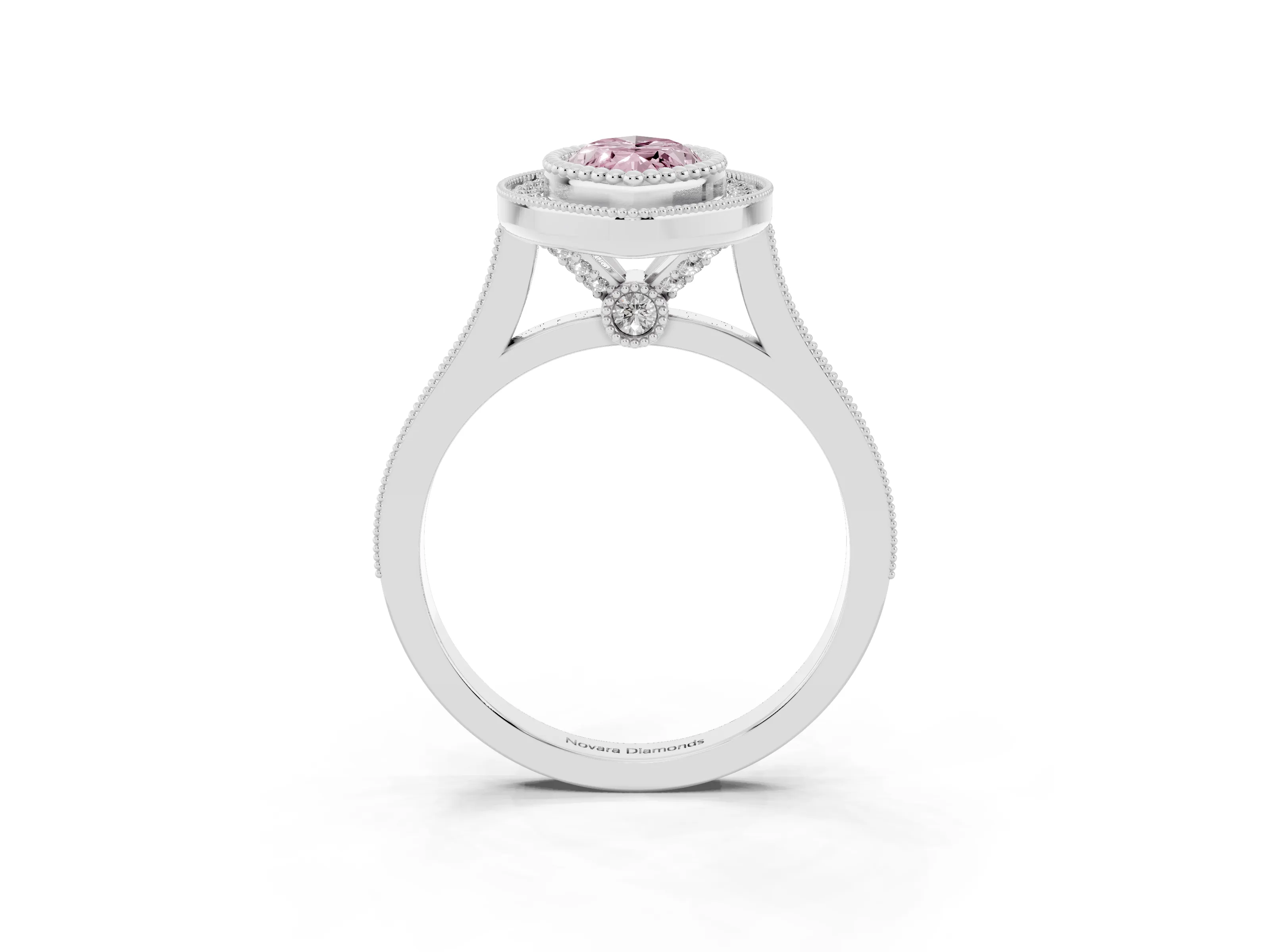 Fancy Pink Marquise Cut Diamond Halo Ring Set in White gold with Milgrain Frame and Pavé Band