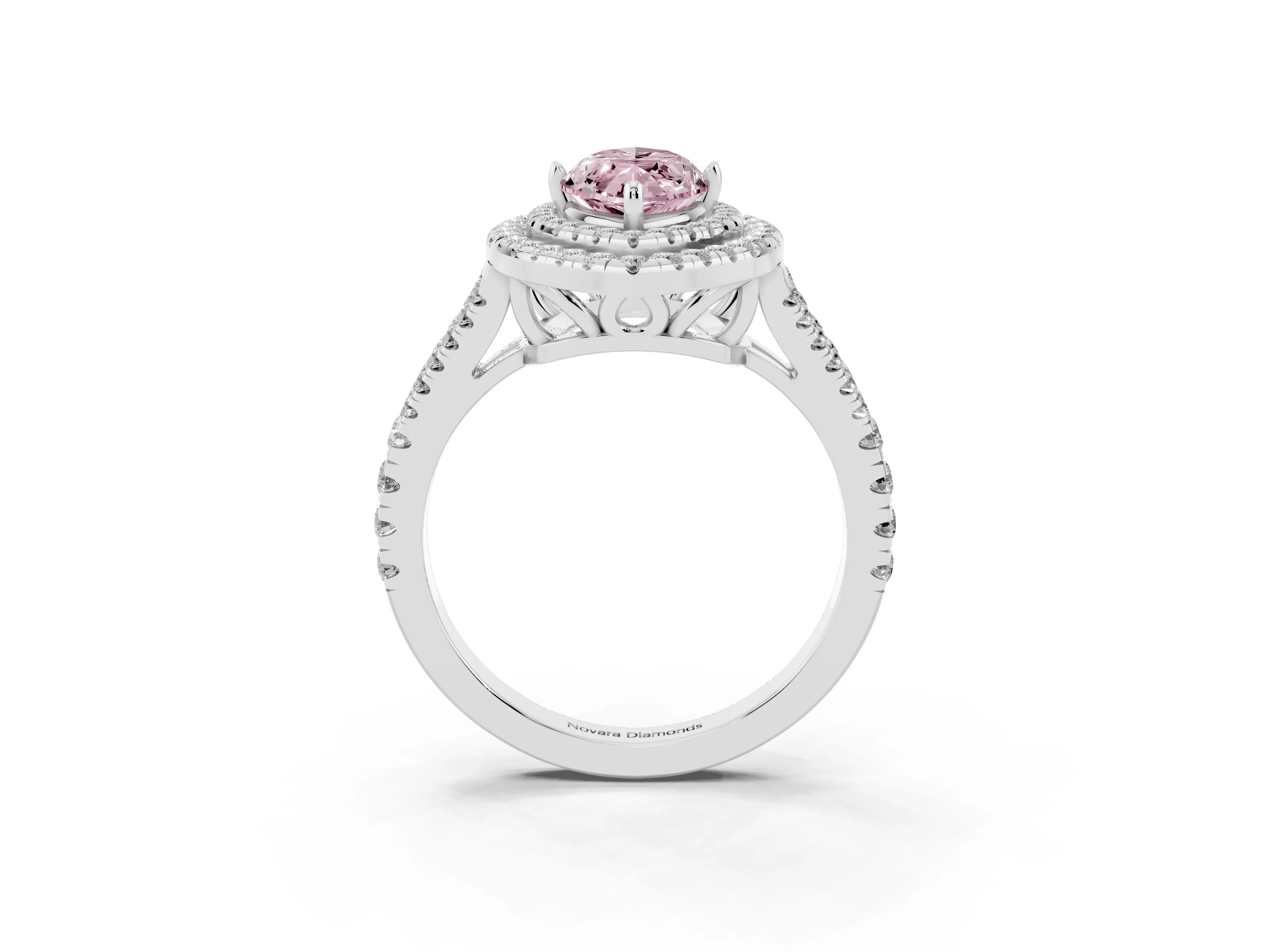 Fancy Pink Marquise Cut Diamond Double Halo Ring Set in Platinum with Pavé Band