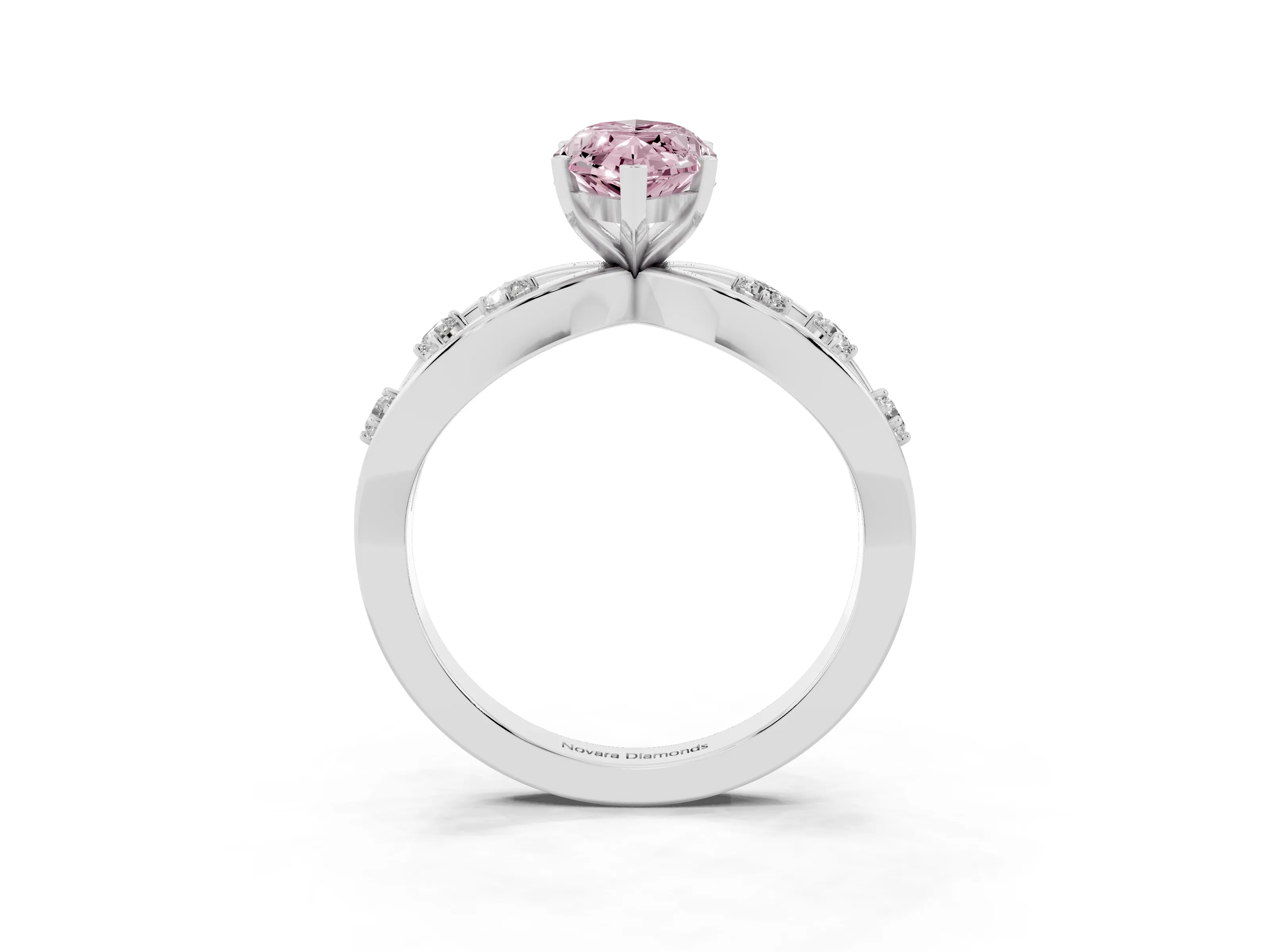 Fancy Pink Marquise Cut Diamond Solitaire Ring Set in Silver with Side Stones on Criss-Cross Band and Prong Setting