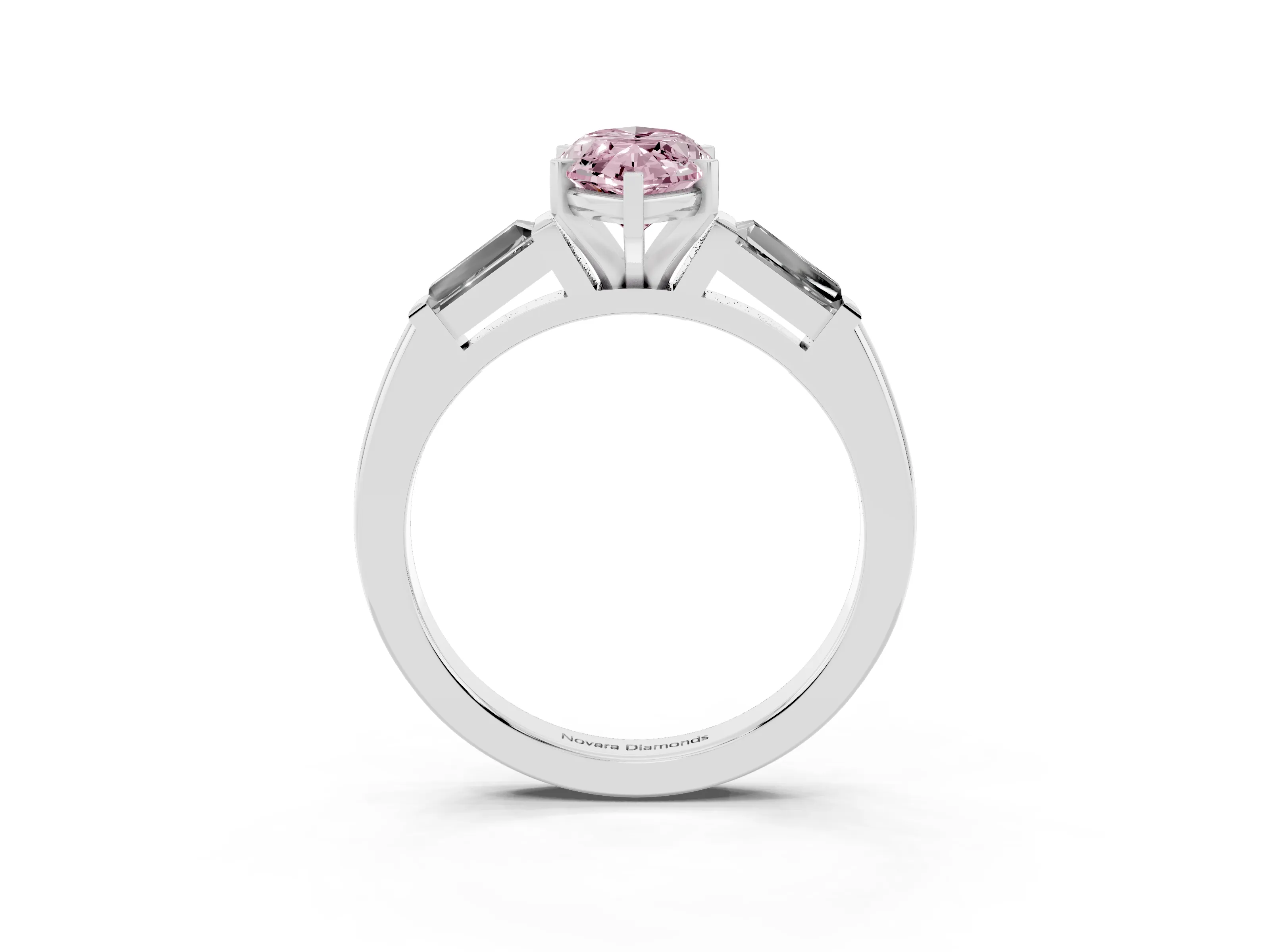 Fancy Pink Marquise Cut Diamond Solitaire Ring Set in White gold with Tapered Baguette Side Stones and Prong Setting