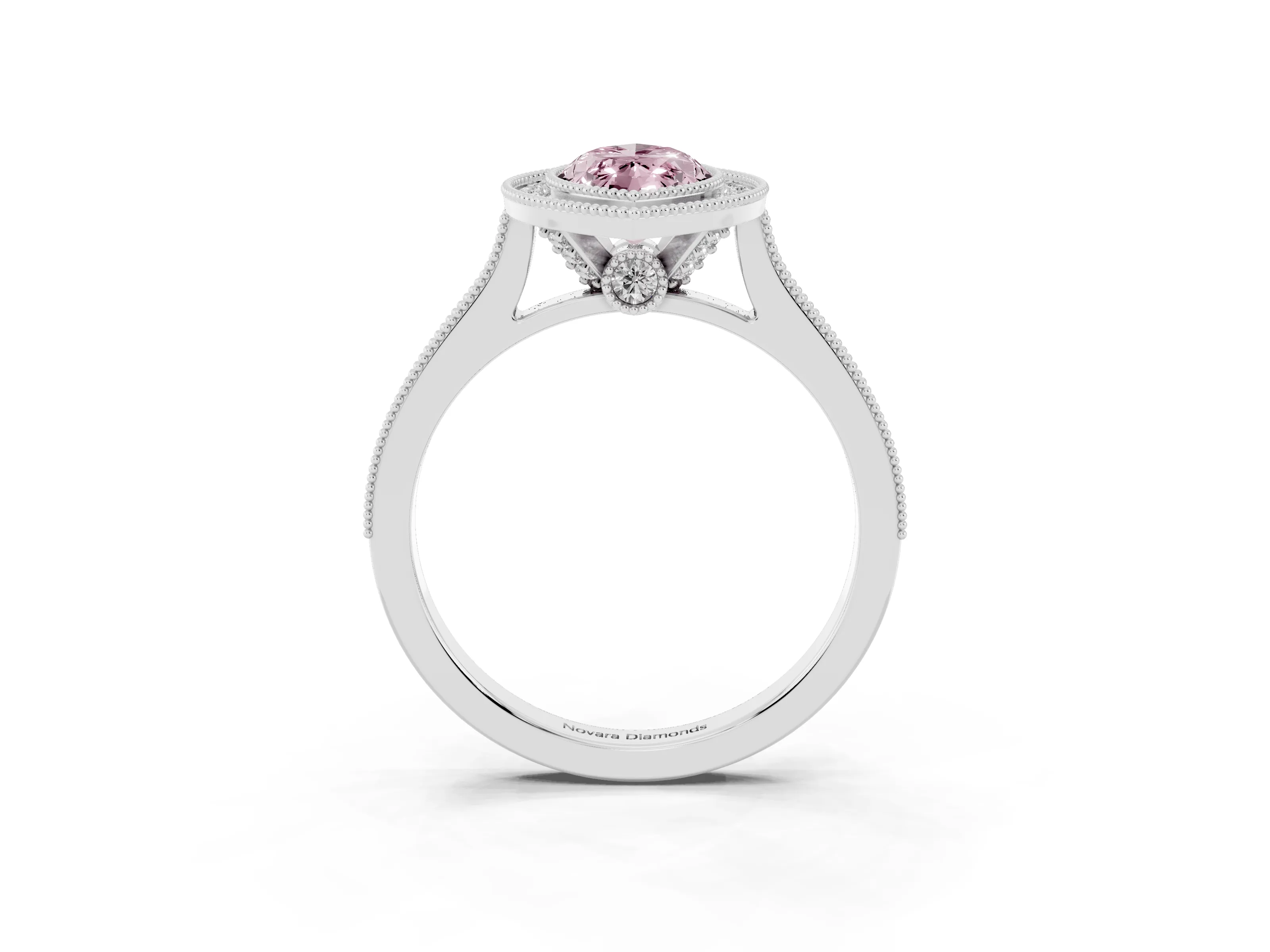 Fancy Pink Marquise Cut Diamond Halo Milgrain Pavé Band Ring Set in Platinum with Prong Setting