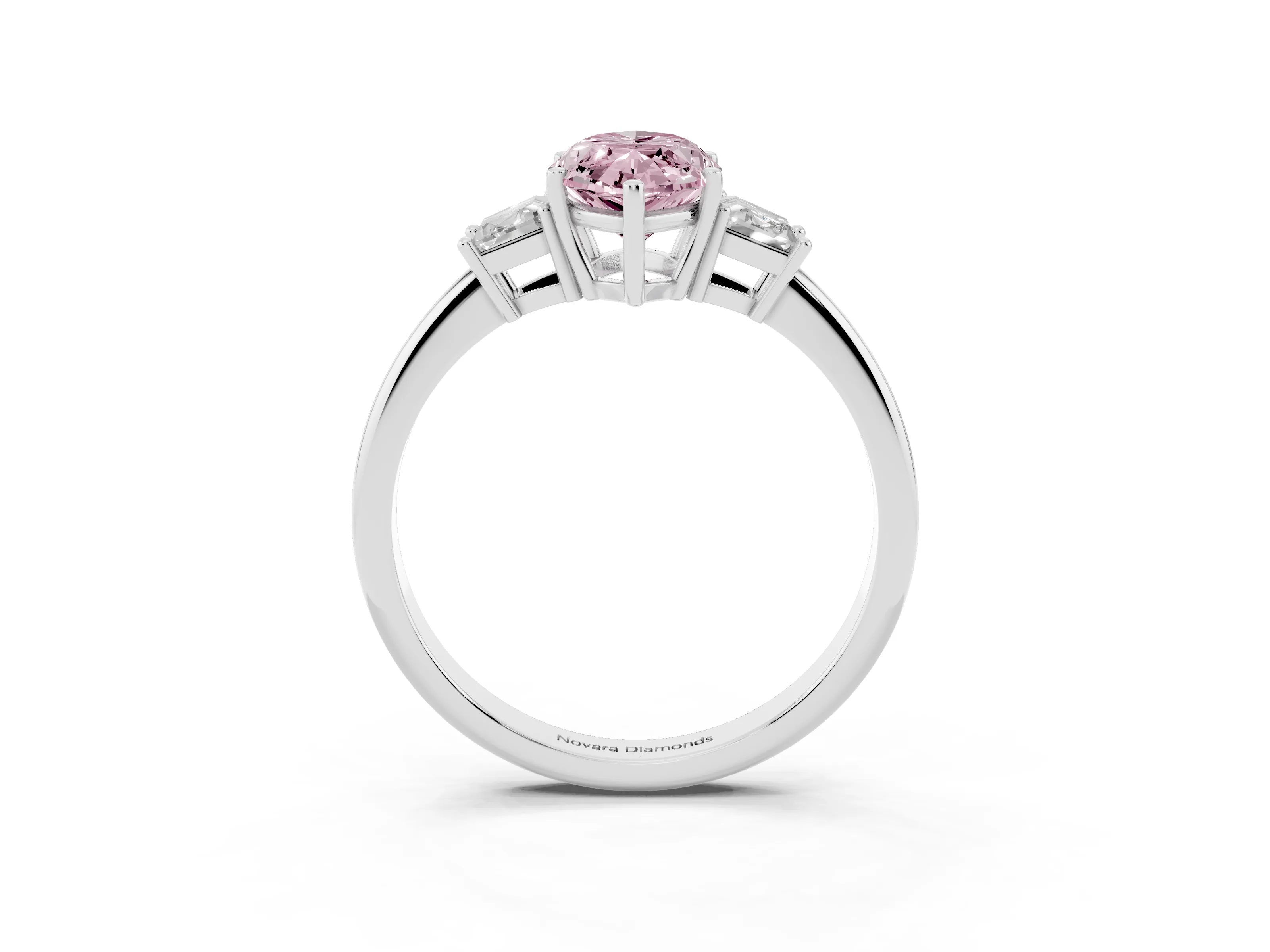 Fancy Pink Marquise Cut Diamond Three-Stone Ring Set in Silver with Trapezoid Side Stones and Prong Setting
