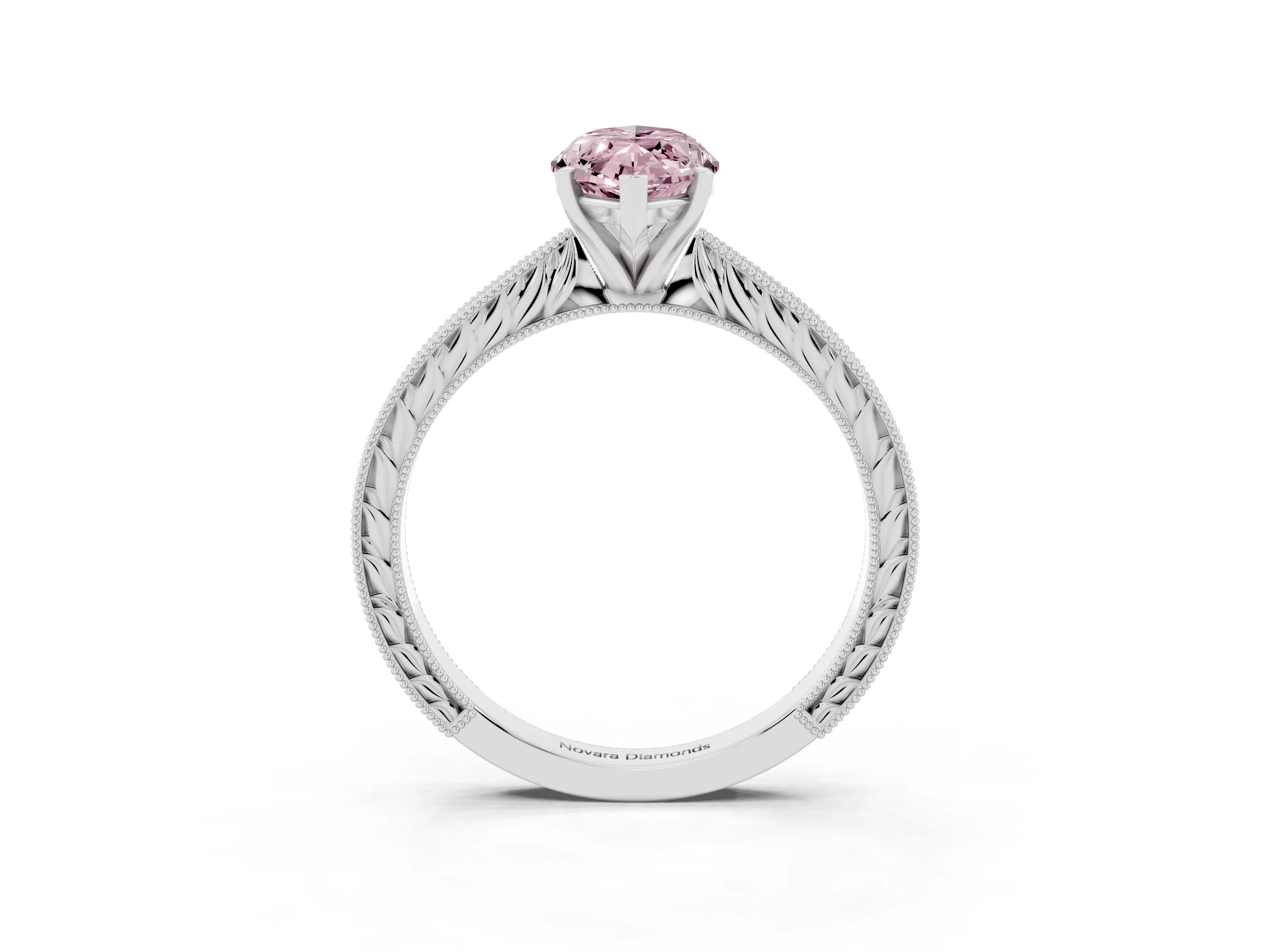 Fancy Pink Marquise Cut Diamond Solitaire Milgrain Engraved Band Set in White gold with Prong Setting