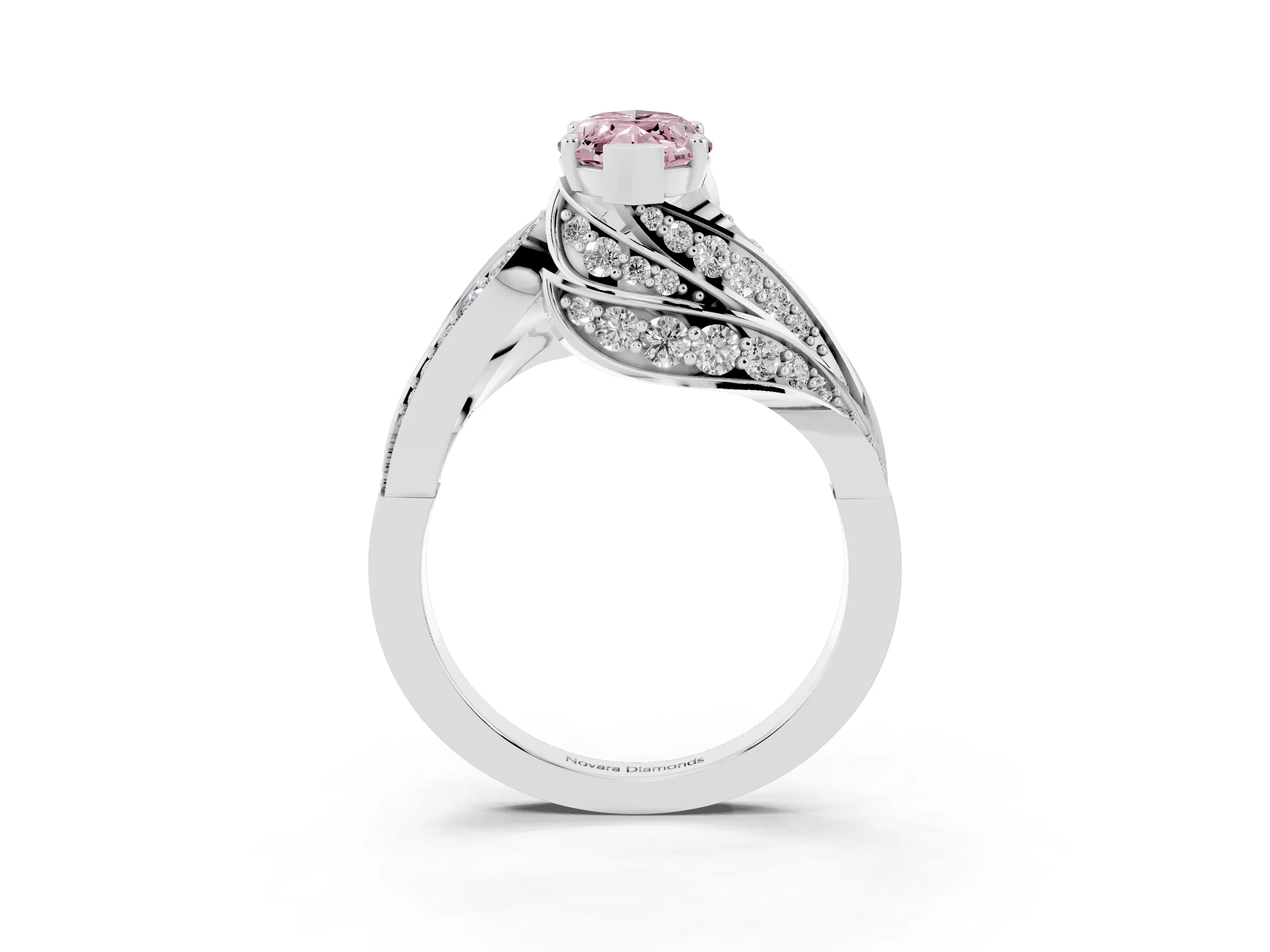 Fancy Pink Marquise Cut Diamond Solitaire Ring Set in Platinum with Layered Twist Pavé Band