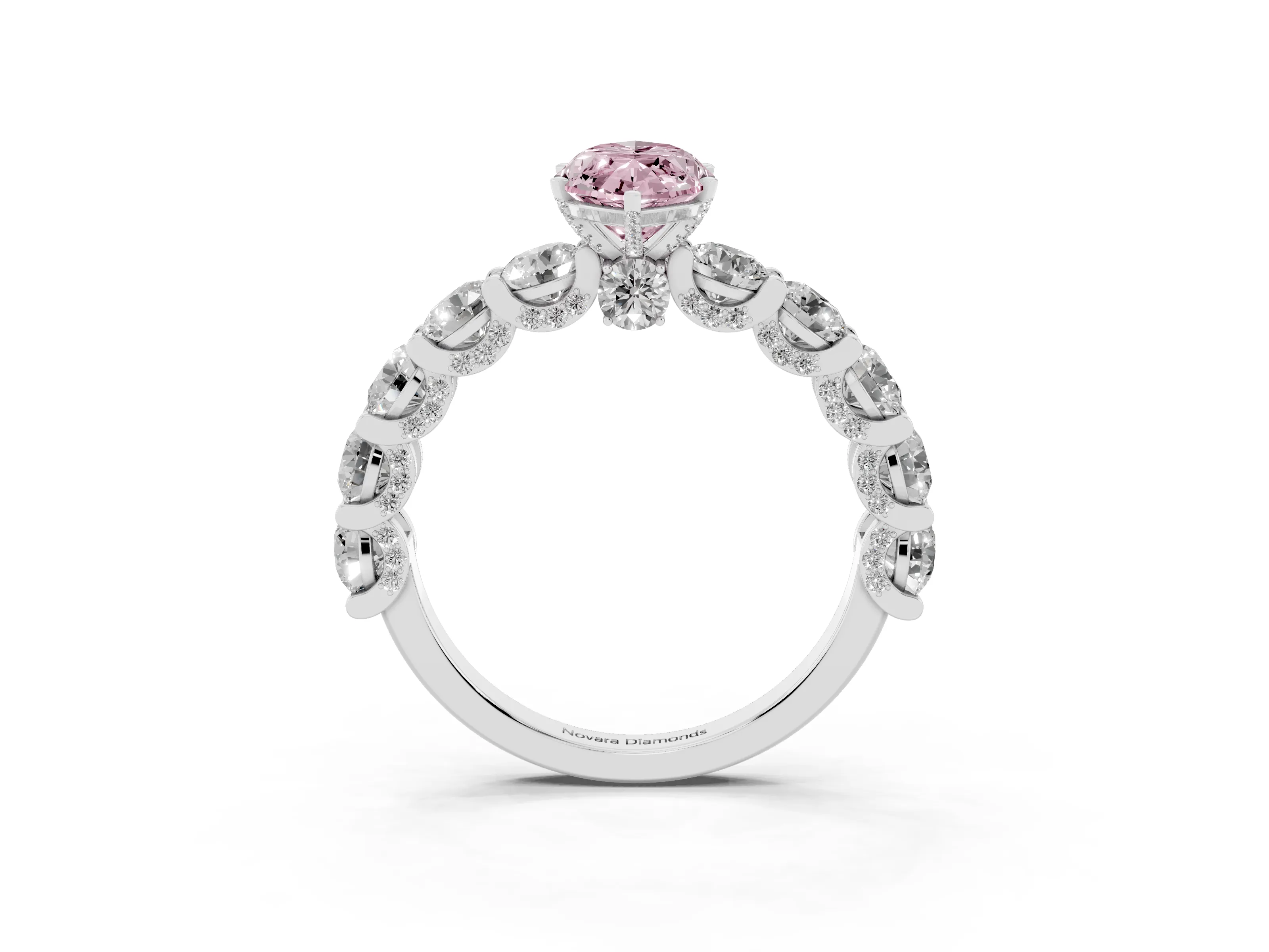 Fancy Pink Marquise Cut Diamond Side Stone Ring Set in Silver with Alternating Round and Oval Side Stones