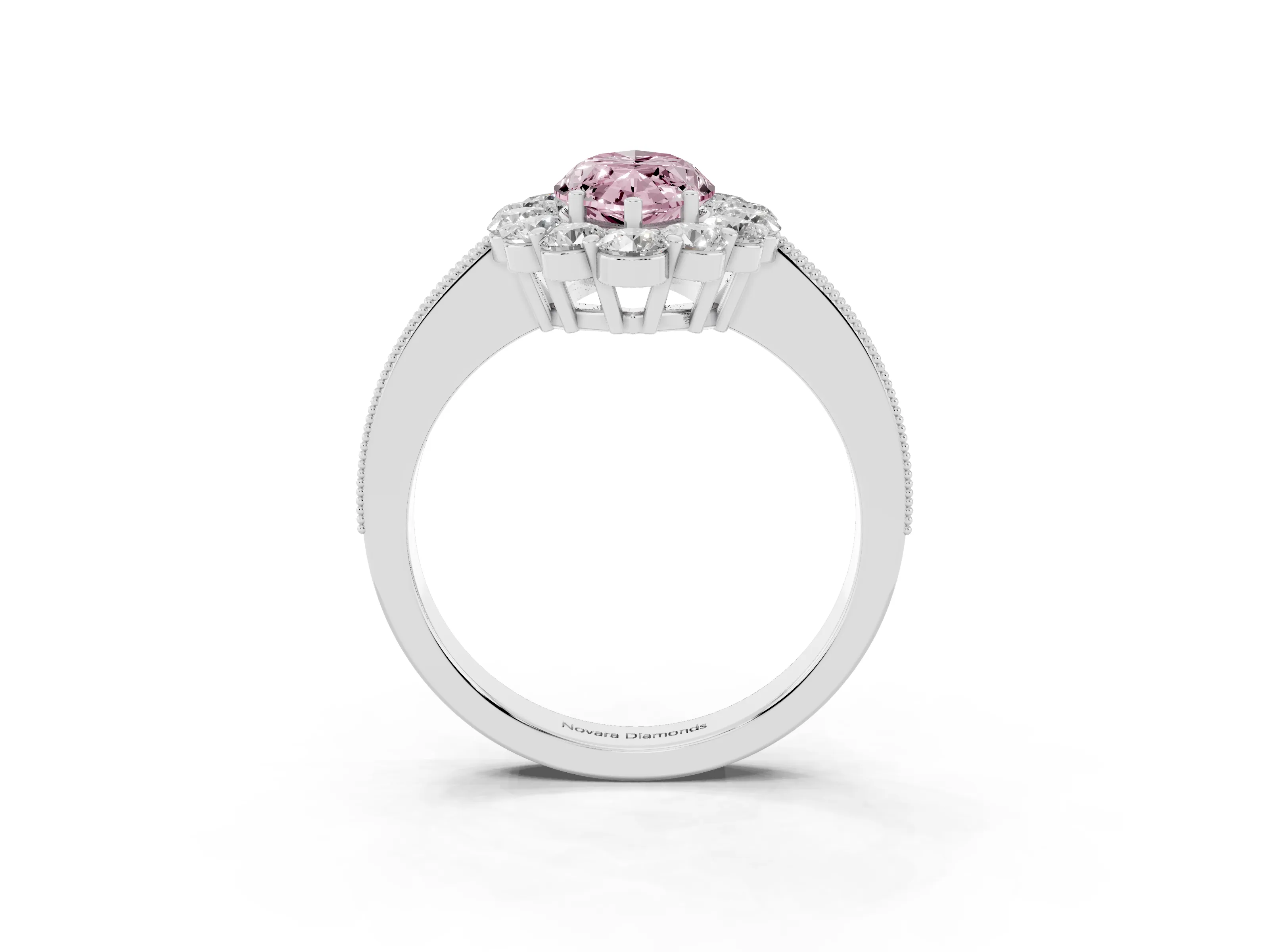 Fancy Pink Marquise Cut Diamond Halo Pavé Engagement Ring Set in White gold with Milgrain Detailing