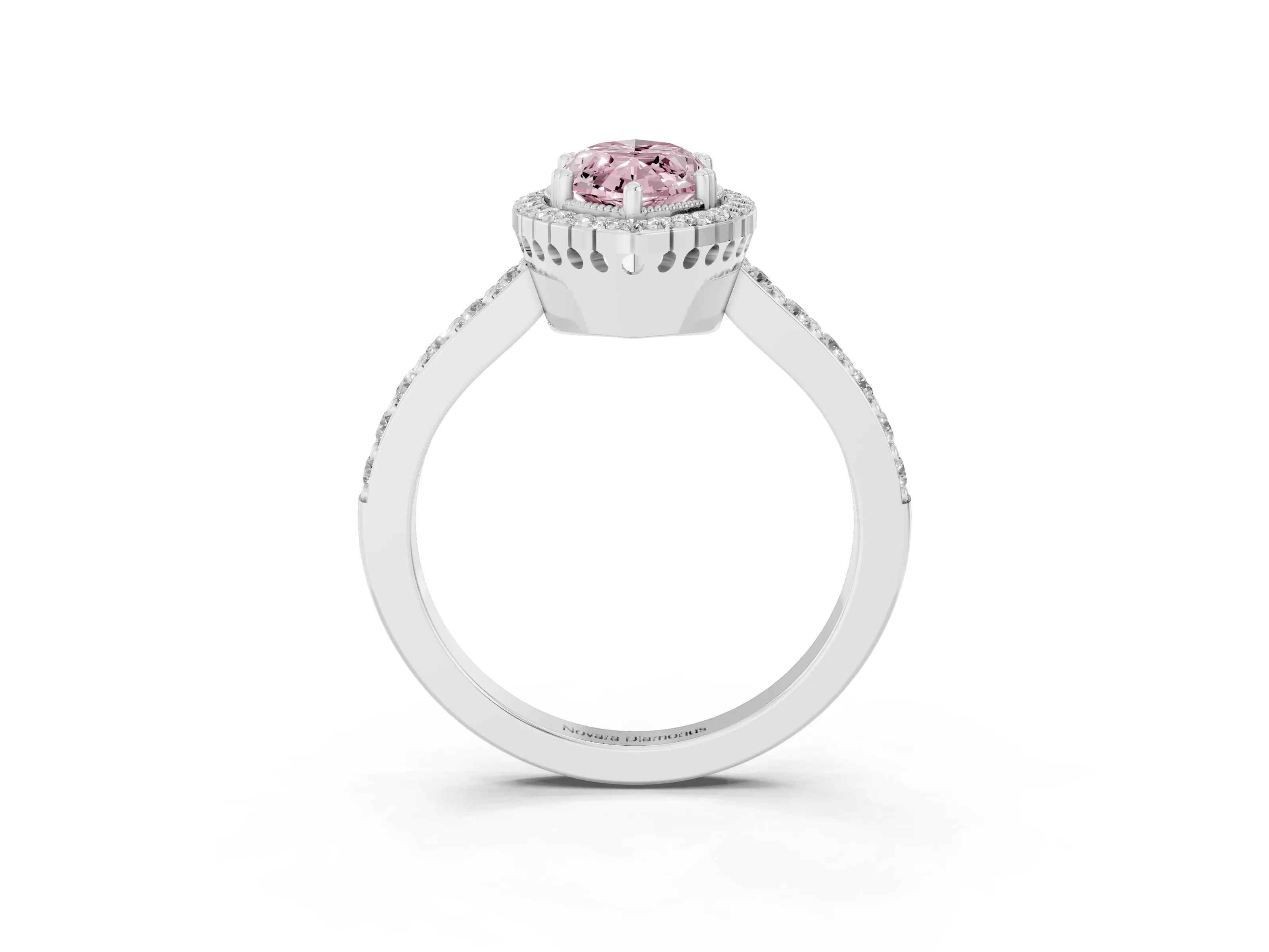 Fancy Pink Marquise Cut Diamond Halo Engagement Ring Set in Silver with Milgrain Detail and Pavé Band