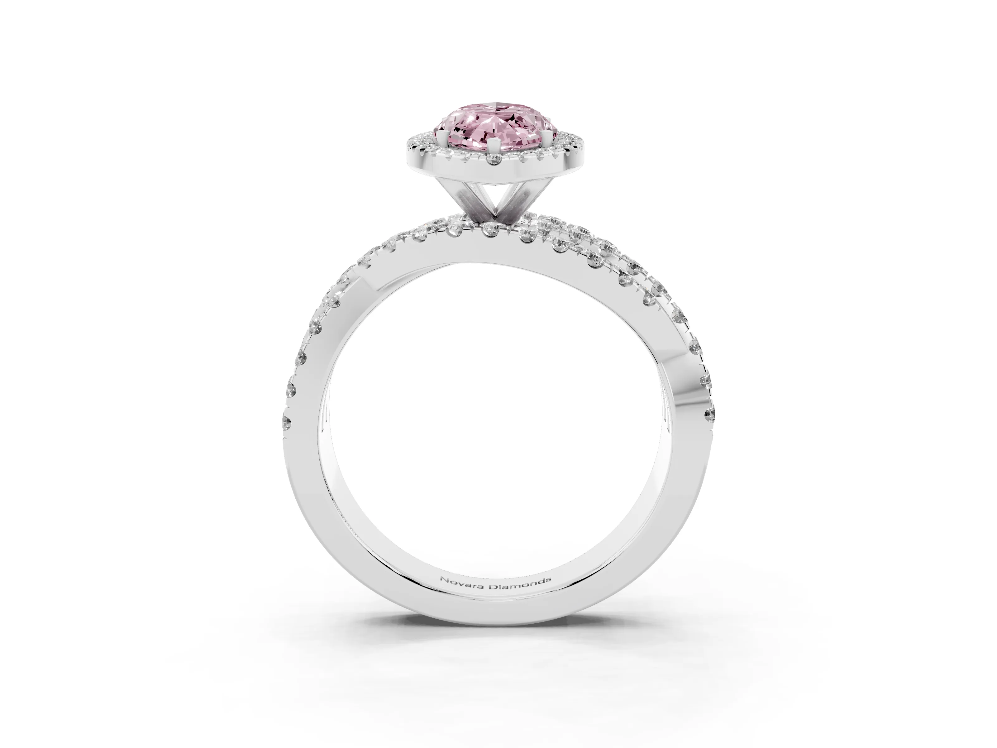 Fancy Pink Marquise Cut Diamond Halo Ring Set in White gold with Round Crossover Split Shank and Prong Setting