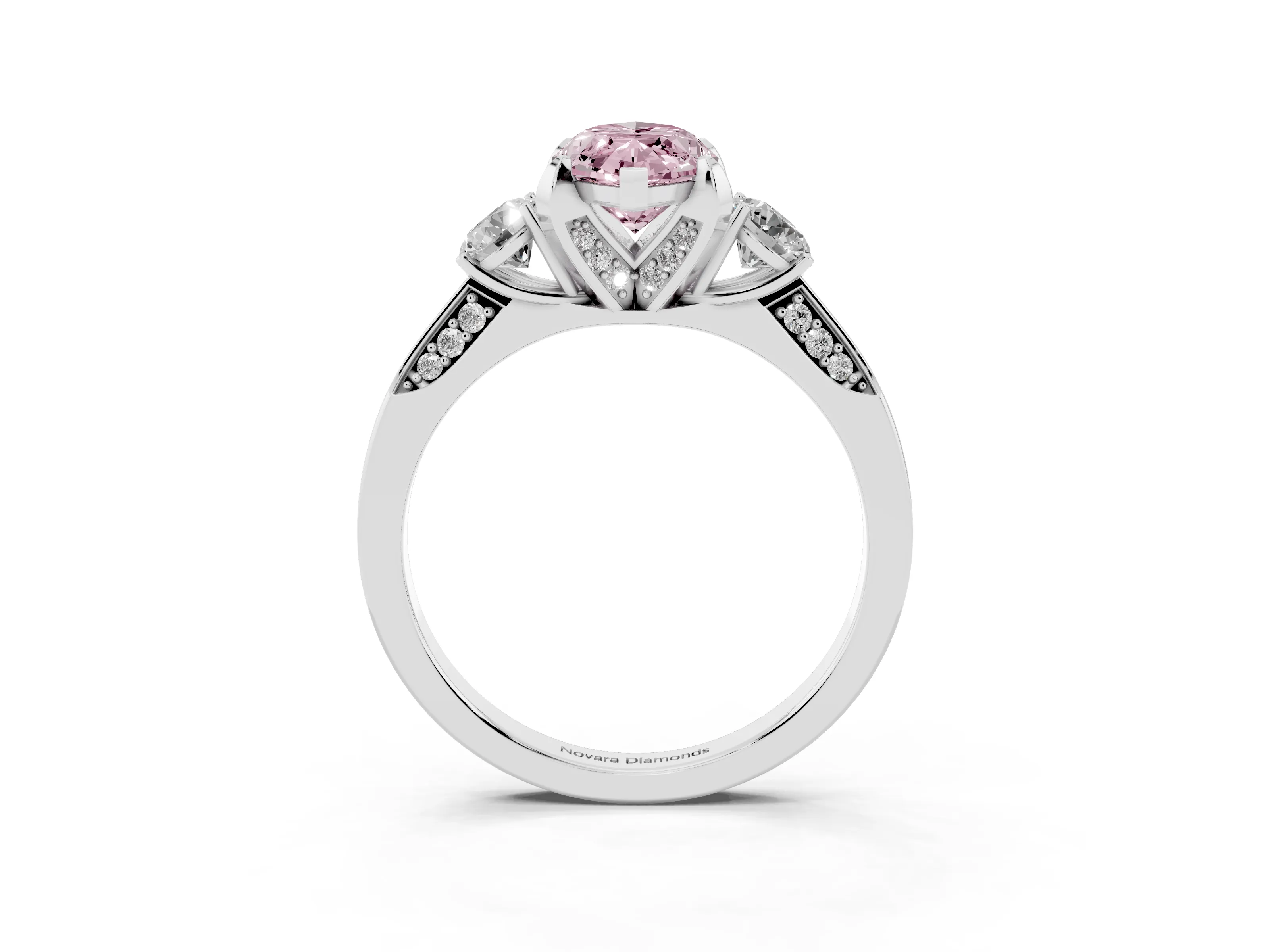 Fancy Pink Marquise Cut Diamond Three-Stone Ring Set in White gold with Pavé Band and Smaller Side Stones