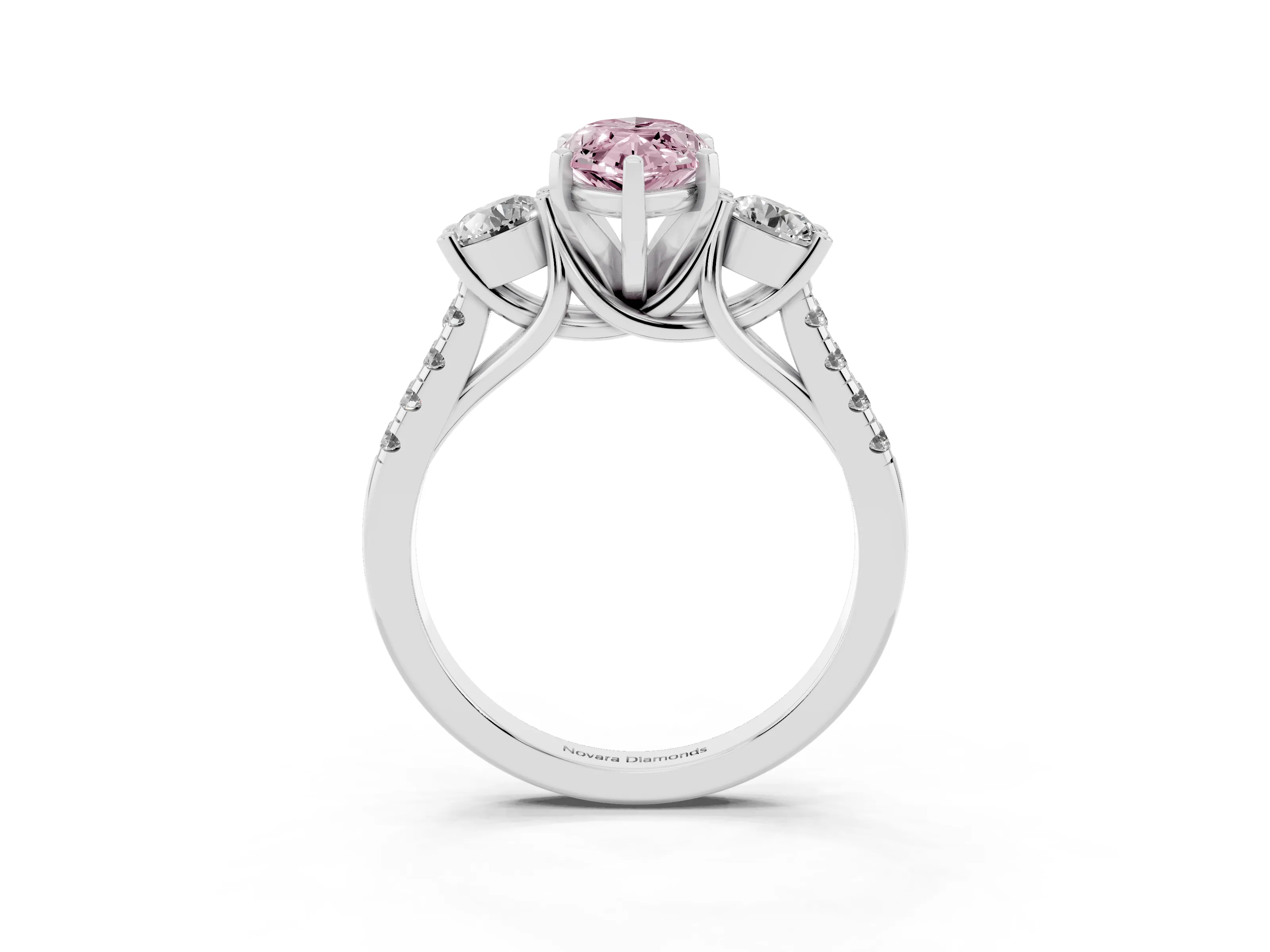 Fancy Pink Three-Stone Marquise Cut Diamond Pavé Band Ring Set in Platinum with Prong-Set Trio