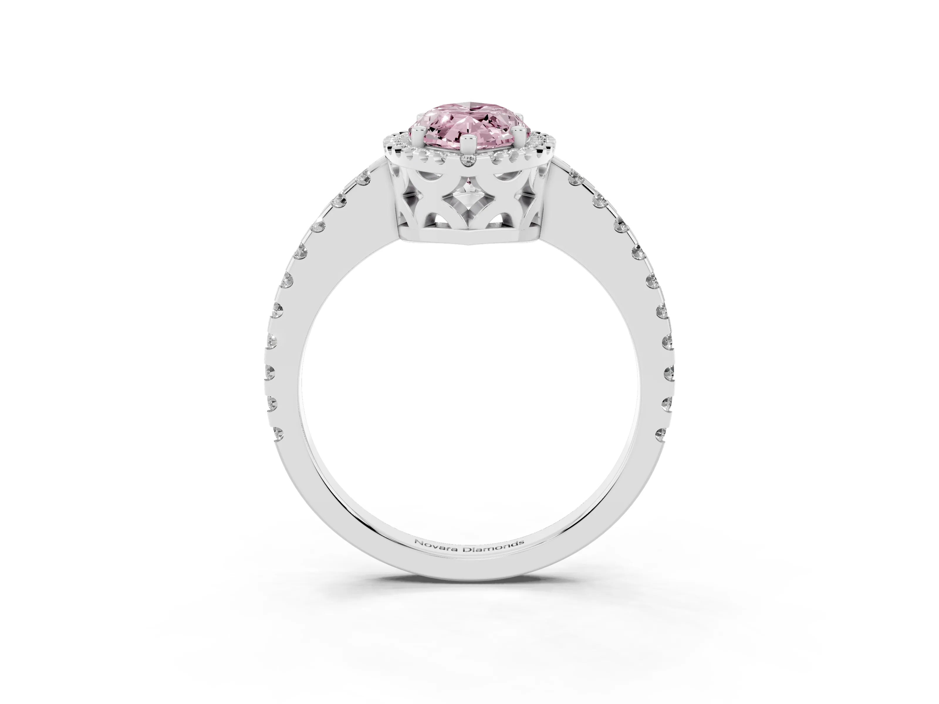 Fancy Pink Marquise Cut Diamond Halo Ring Set in White gold with Pavé Shoulders and Halo-Framed Center