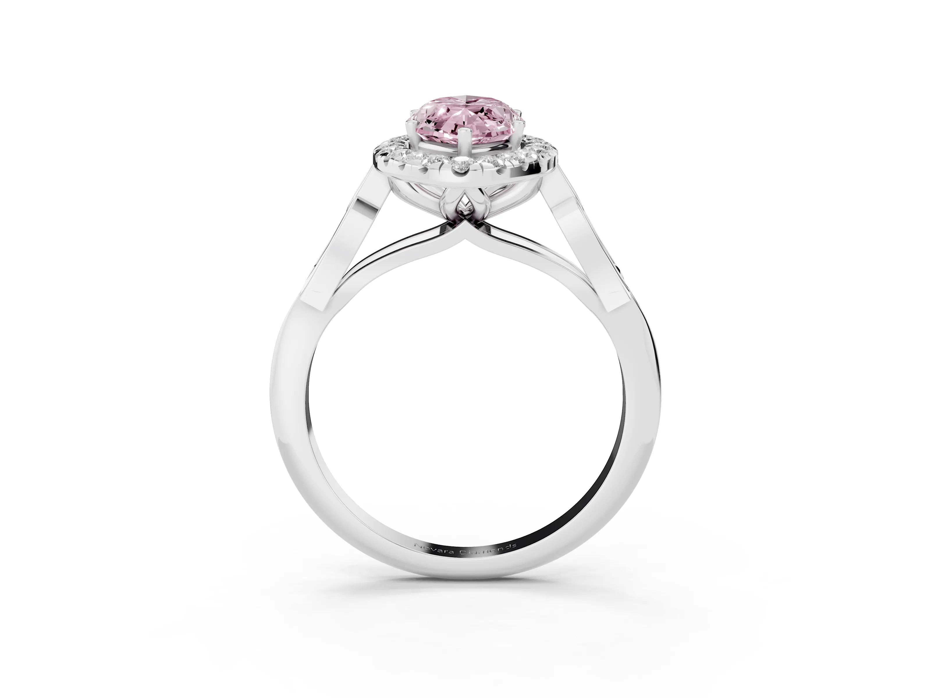 Fancy Pink Marquise Cut Diamond Halo Engagement Ring Set in White gold with Filigree Band and Prong-Set Center