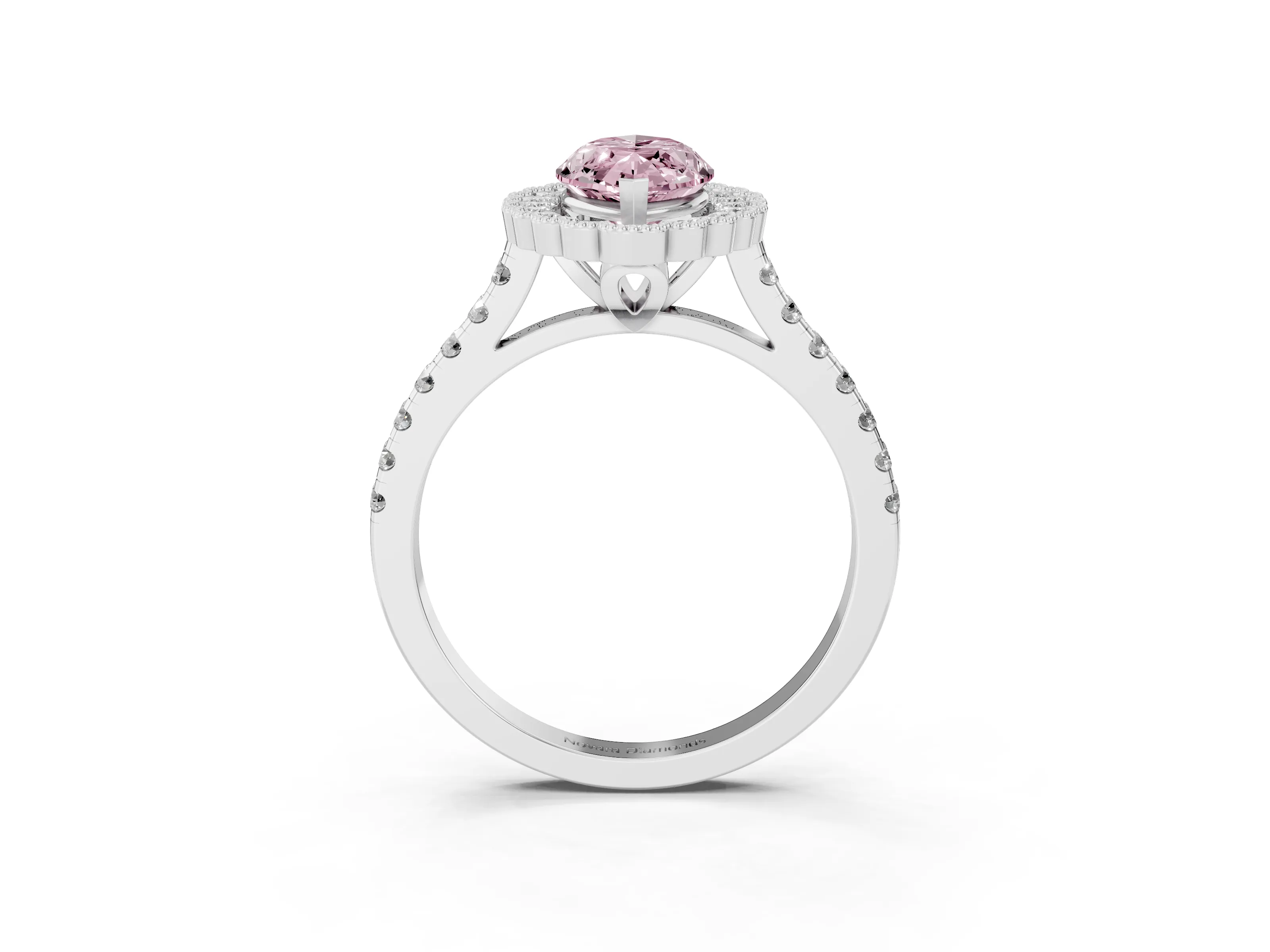 Fancy Pink Marquise Cut Diamond Milgrain Floral Halo Engagement Ring Set in White gold with Pavé Band
