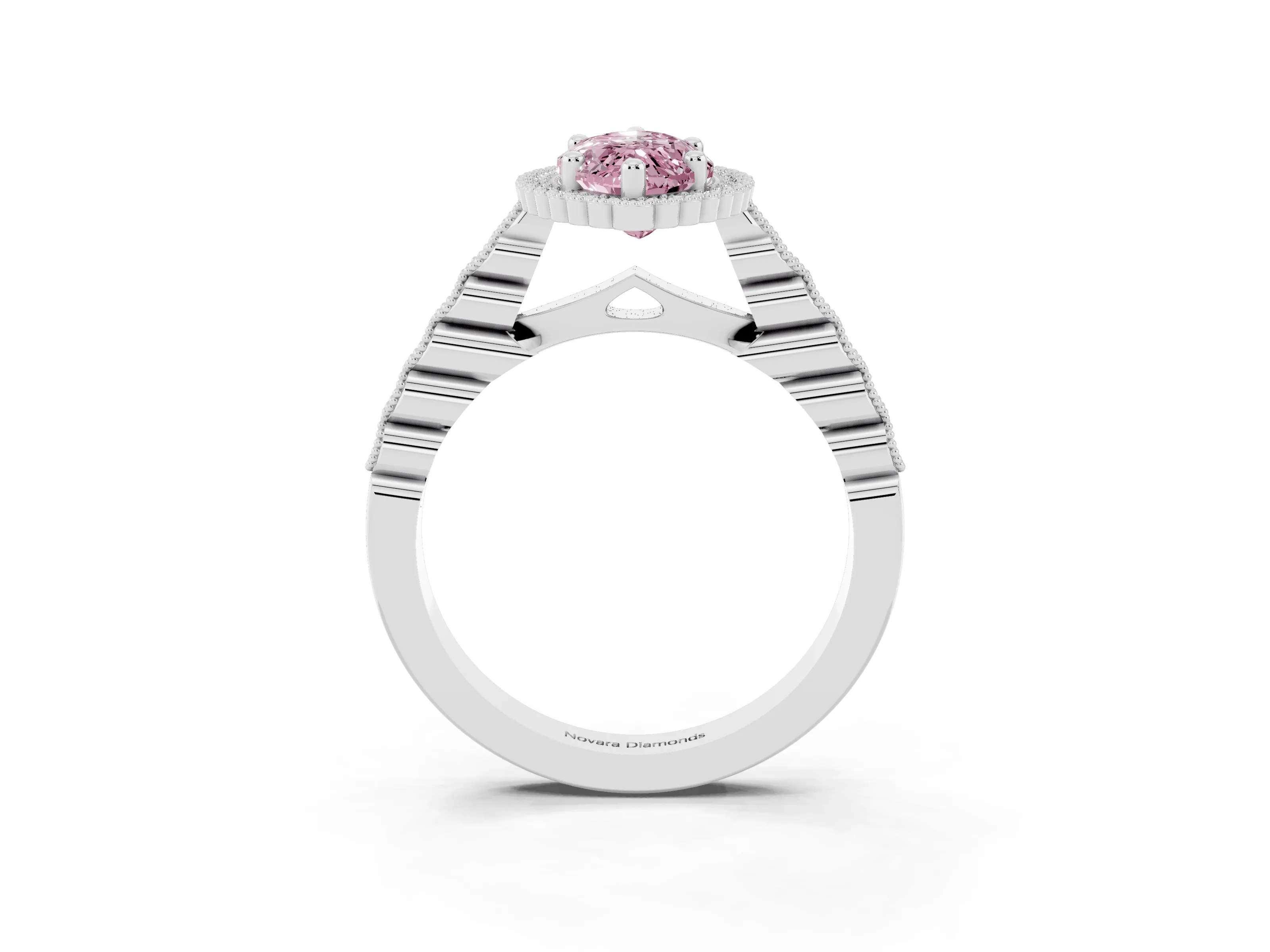Fancy Pink Marquise Cut Diamond Halo Ring Set in Silver with Pavé Milgrain Band