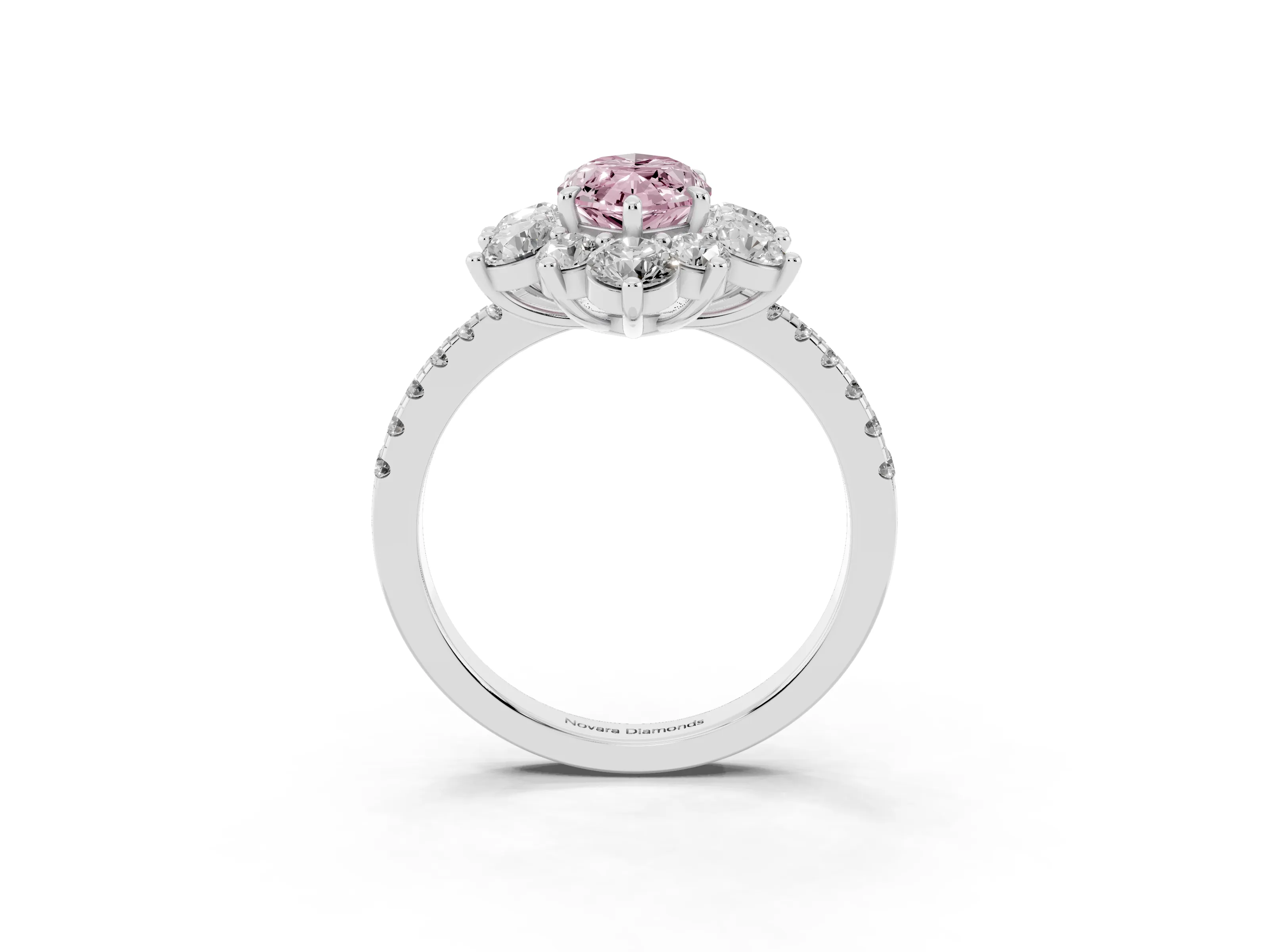 Fancy Pink Marquise Cut Diamond Floral Halo Ring Set in White gold with Round Pavé Band and Prong Setting