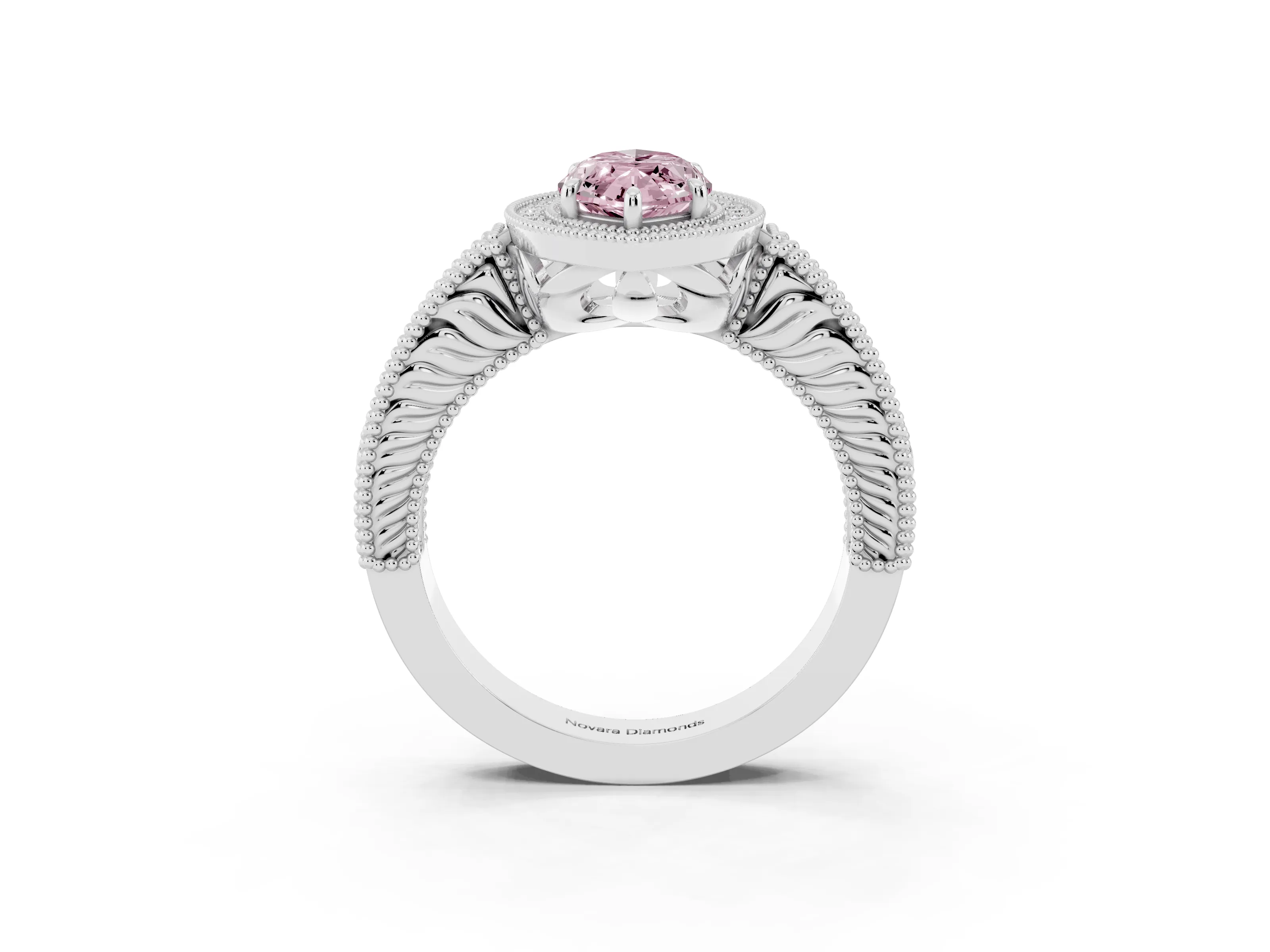 Fancy Pink Marquise Cut Diamond Halo Ring Set in White gold with Round Accent Halo, Pavé Band and Prong Setting