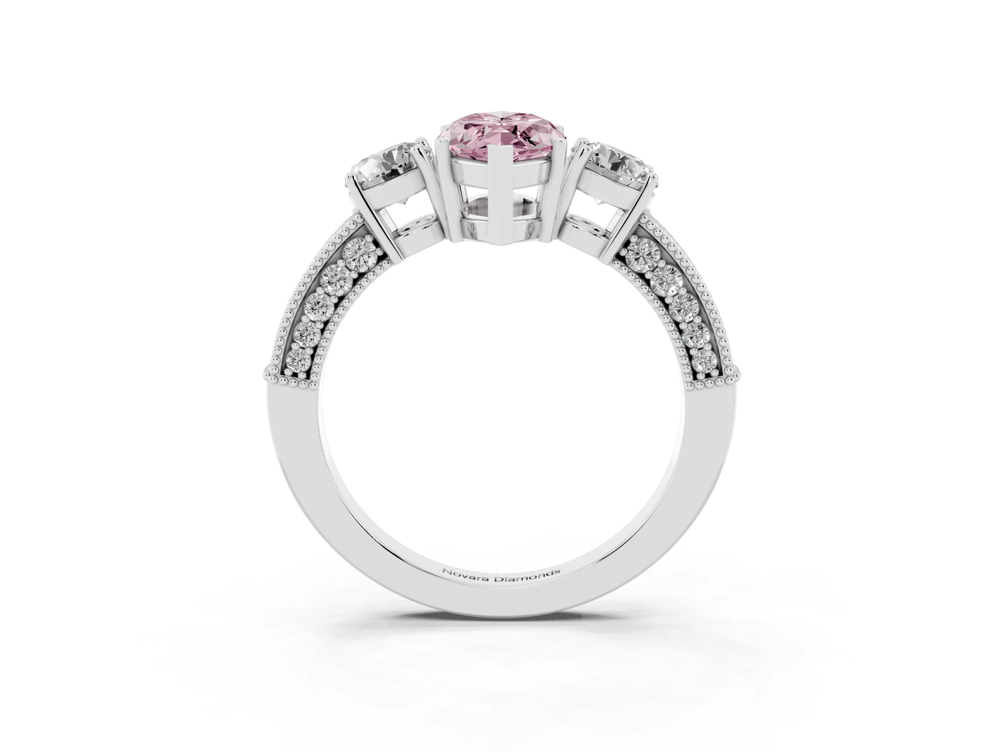 Fancy Pink Marquise Cut Diamond Three-Stone Ring Set in Silver with Round Side Stones and Pavé Band