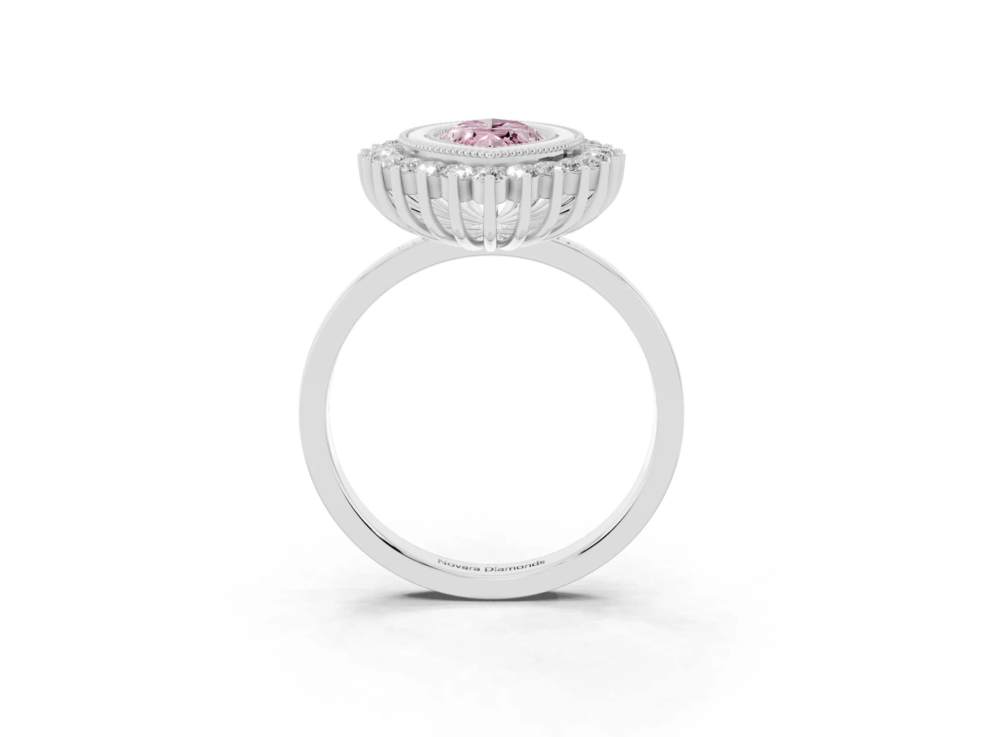 Fancy Pink Marquise Cut Diamond Halo Ring Set in Silver with Milgrain Edge and Round Prong Setting