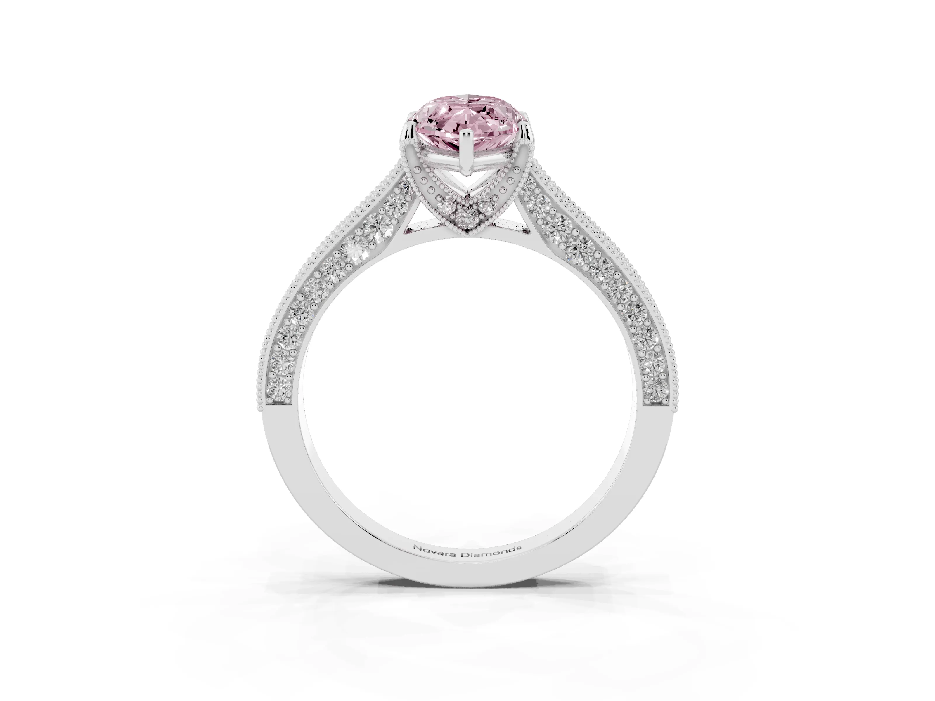 Fancy Pink Marquise Cut Diamond Solitaire Ring Set in White gold with Milgrain-Edged Pavé Band and Prong Setting