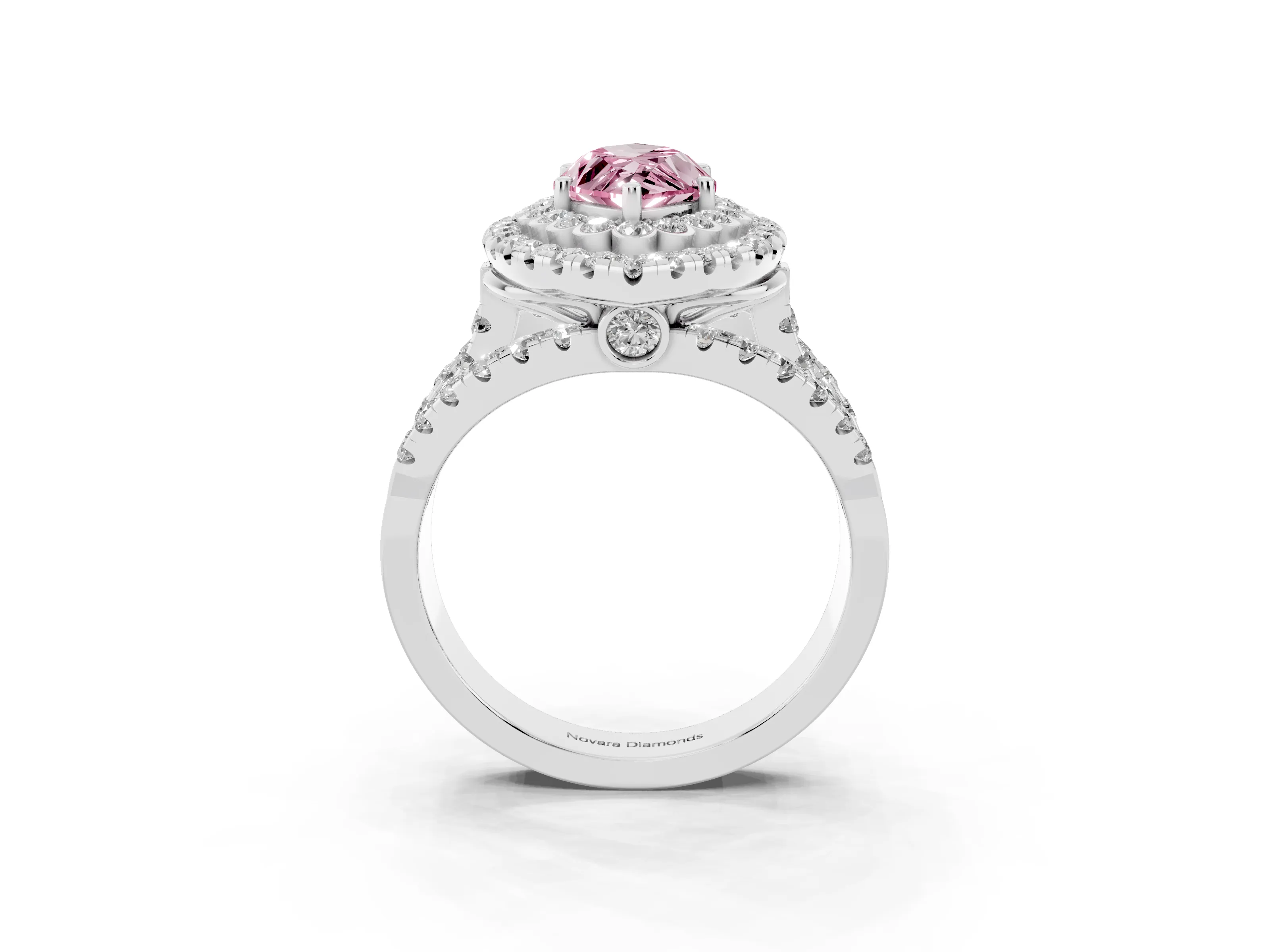 Fancy Pink Marquise Cut Diamond Double Halo Ring Set in White gold with Round Pavé Split Shank