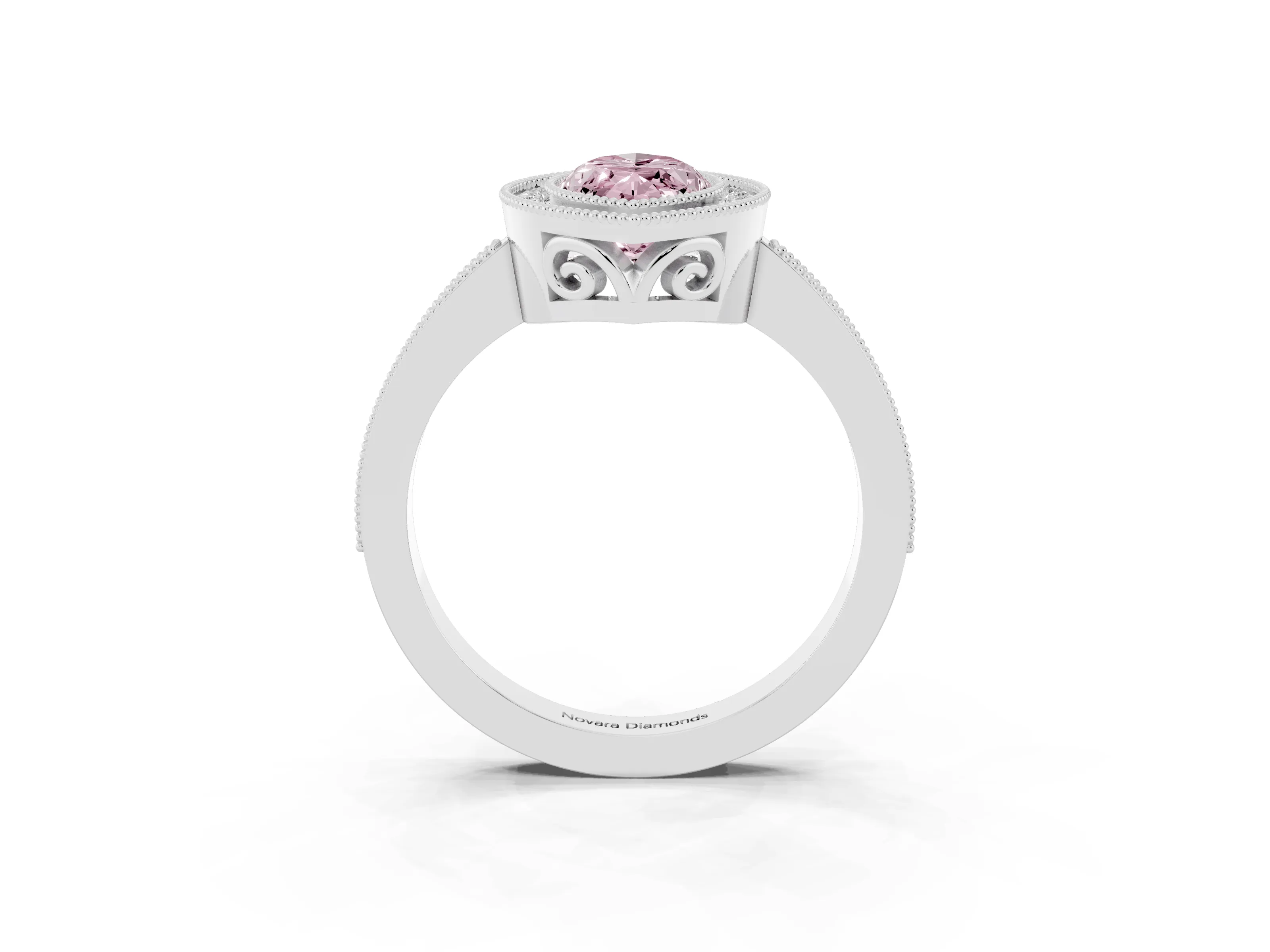Fancy Pink Marquise Cut Diamond Halo Ring Set in White gold with Pavé Band and Milgrain-Edged Prongs