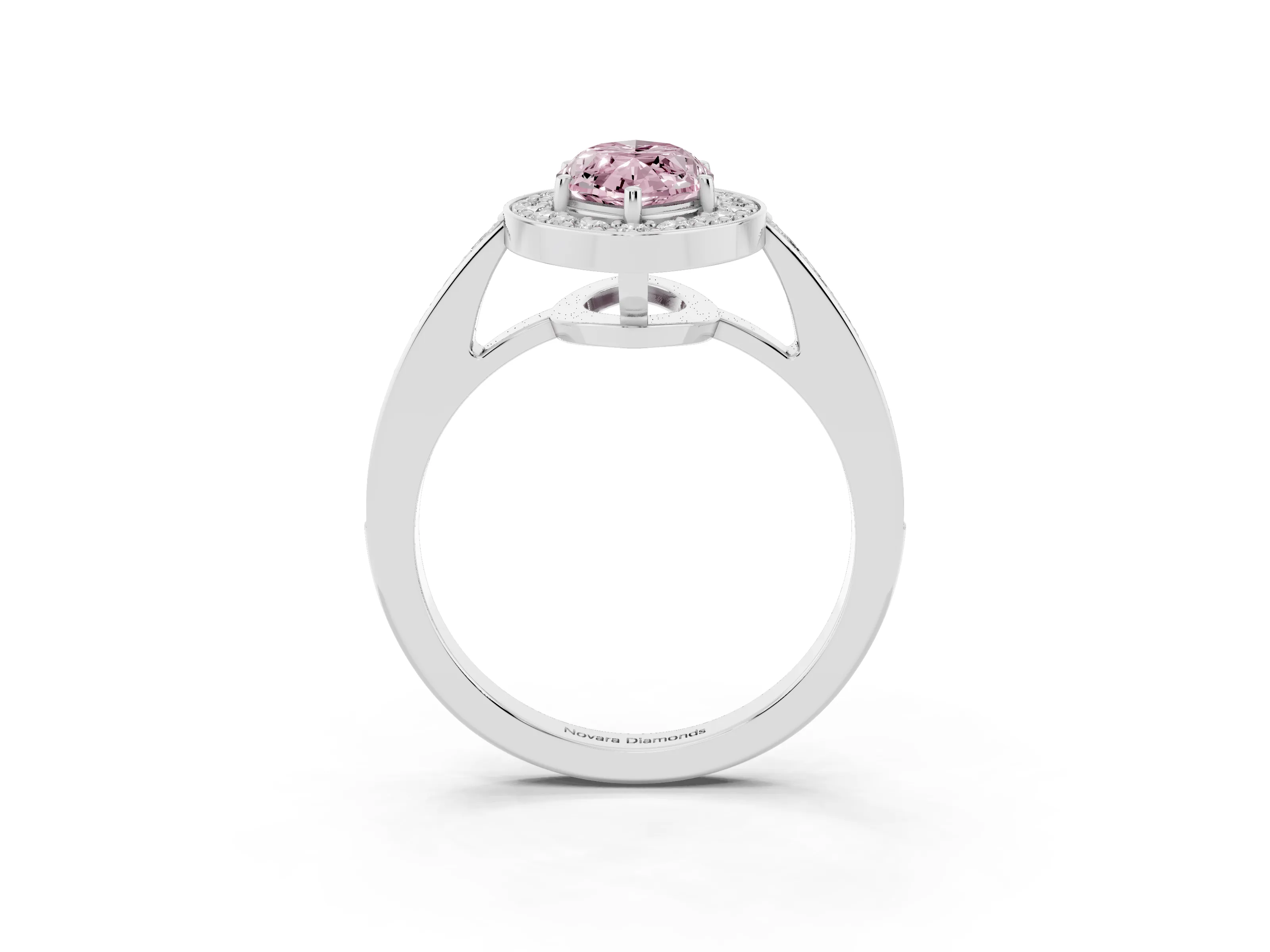 Fancy Pink Marquise Cut Diamond Halo Pavé Engagement Ring Set in White gold with Bezel Setting
