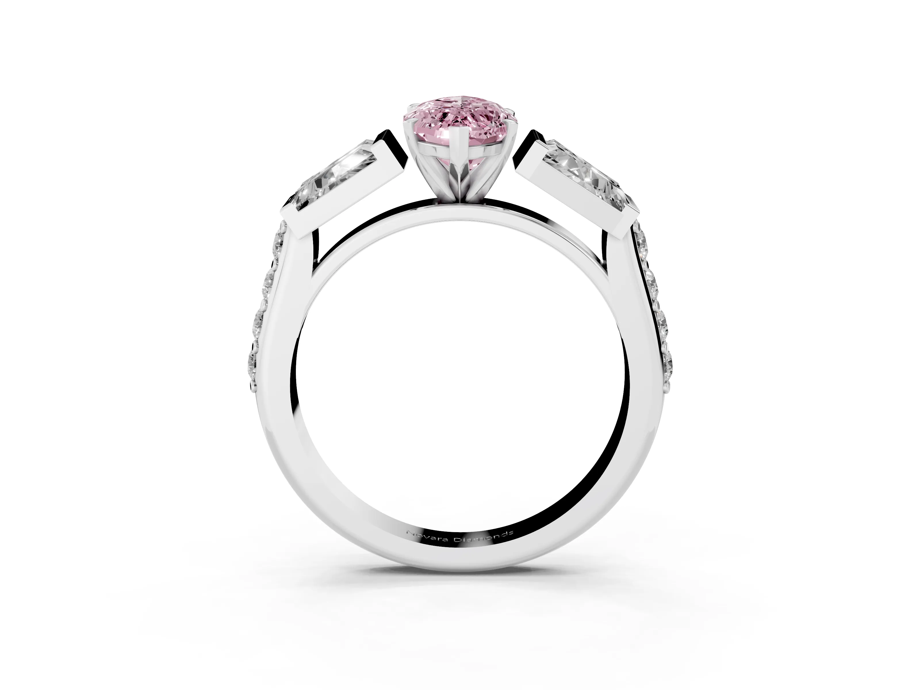 Fancy Pink Marquise Cut Diamond Engagement Ring Set in White gold with Baguette Side Stones and Channel Set Band