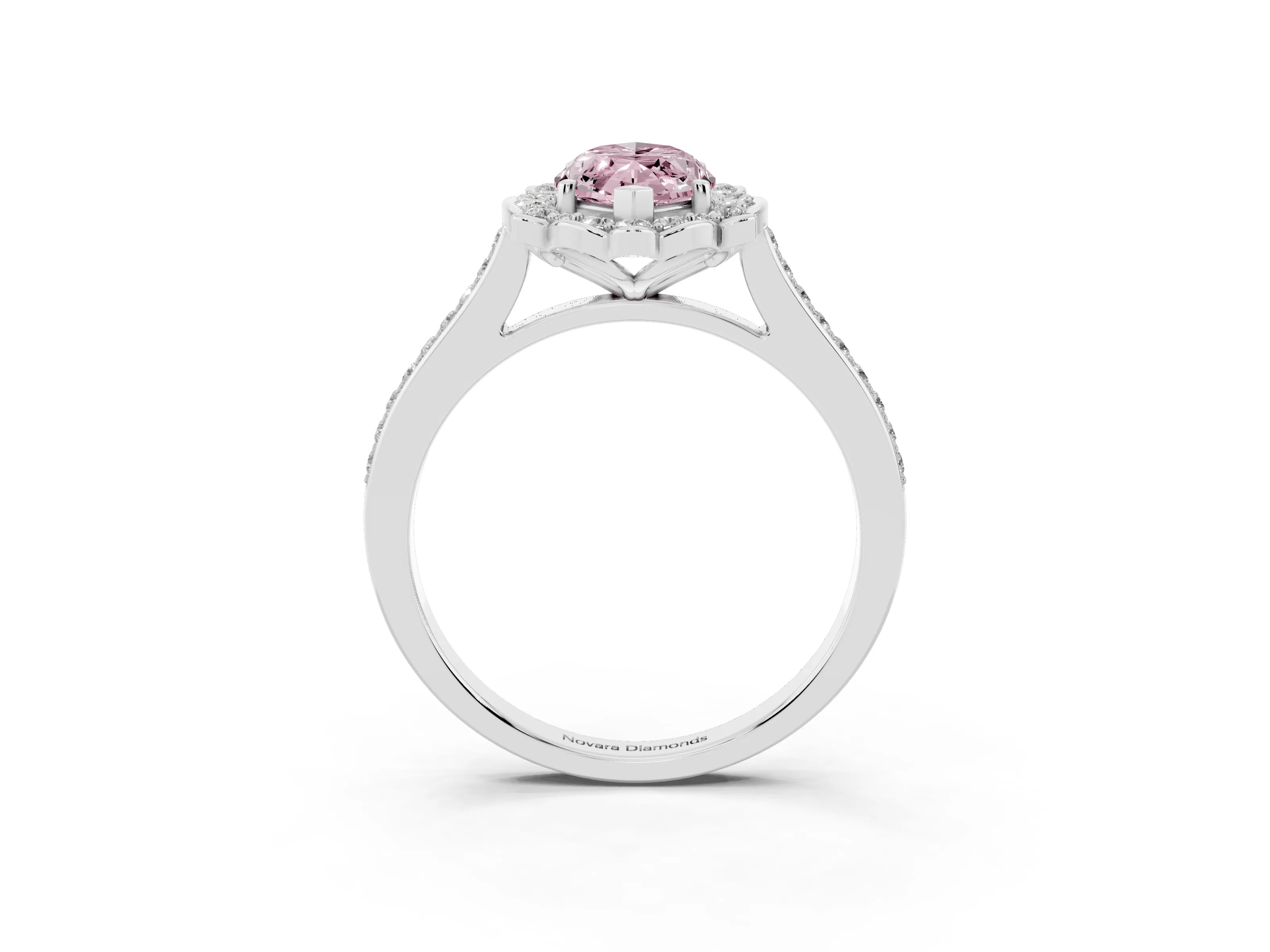 Fancy Pink Marquise Cut Diamond Halo Ring Set in White gold with Pavé-Lined Shoulders and Prong Setting