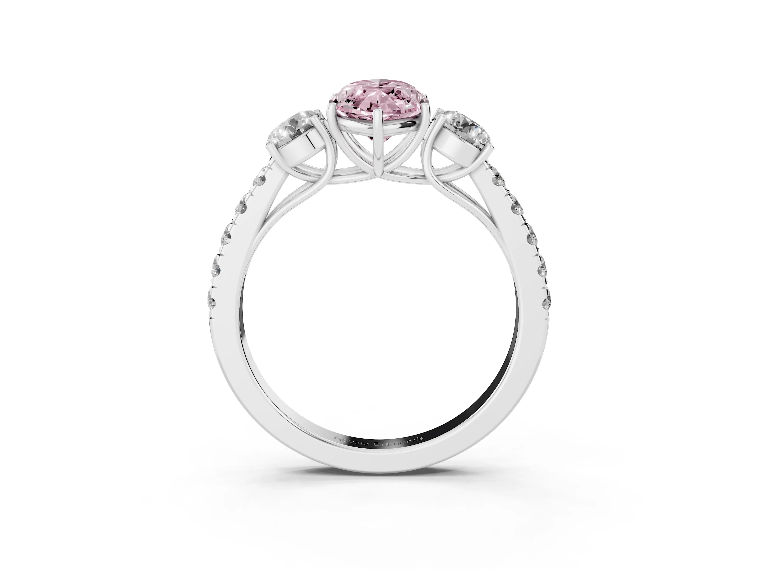 Fancy Pink Marquise Cut Diamond Three-Stone Ring Set in Silver with Round Side Stones and Delicate Pavé Band