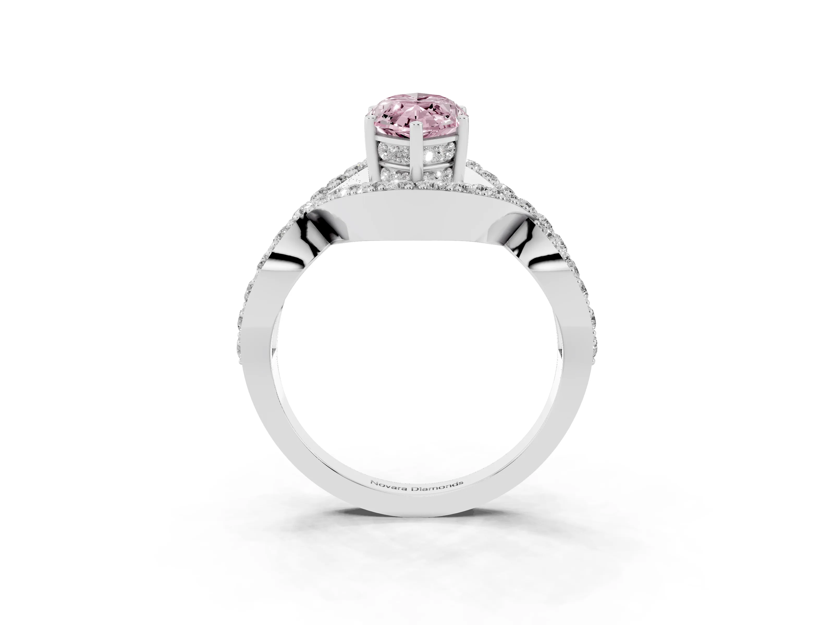 Fancy Pink Marquise Cut Diamond Solitaire Twist Band Pavé Engagement Ring Set in Platinum