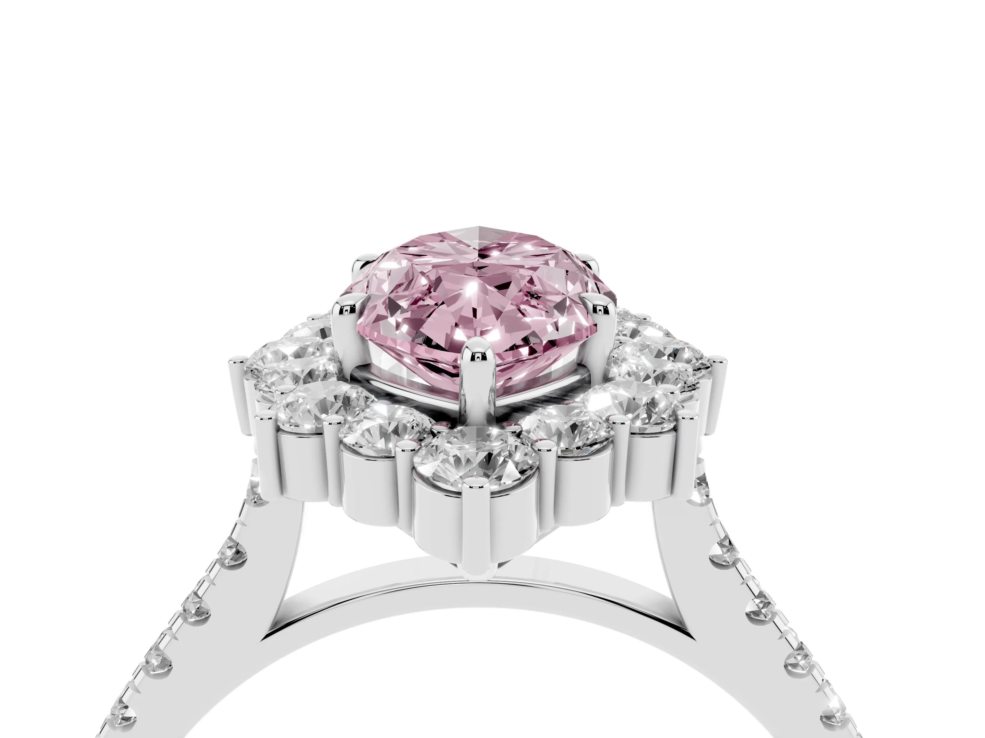 Fancy Pink Marquise Cut Diamond Halo Ring Set in White gold with Pavé Band and Prong Setting
